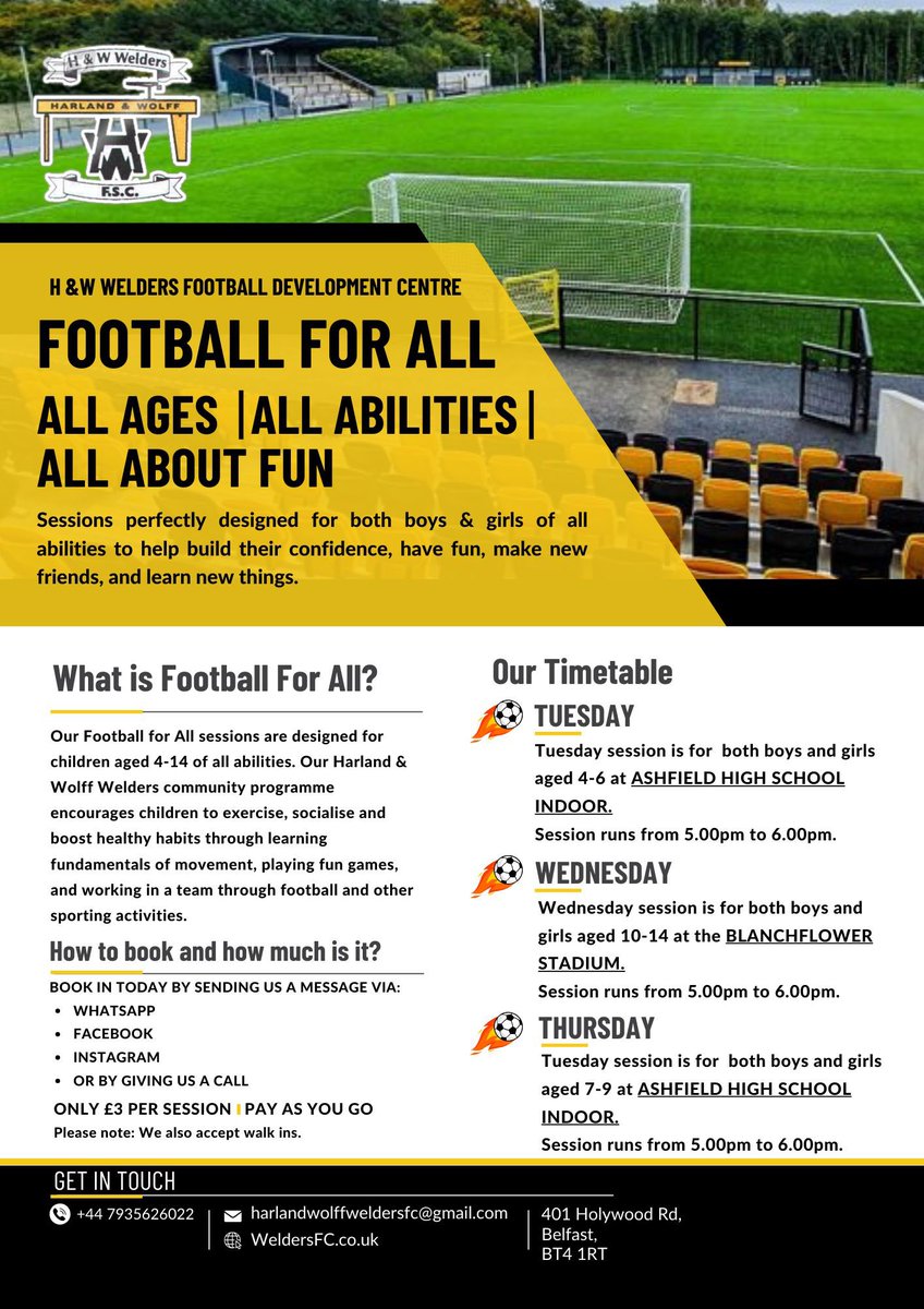 WeldersFC's tweet photo. H&amp;W Welders Football Development Centres Football For All. 

#Belfast #northernireland #BelfastHour https://t.co/zzWBpRx57q