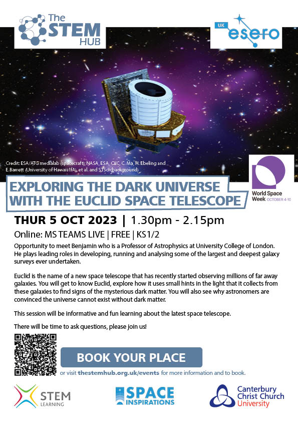 stem4sussex's tweet photo. Explore the dark universe &amp; get to know new telescope #Euclid with @ucl Benjamin for #FREE Live Talk aimed at #primary #students on 5 Oct, 1.30-2.15pm. REG: https://t.co/depPGH7VWx #teachers #parents #STEMed #schools #edutwitter #parents
@WorldSpaceWeek https://t.co/SOAeJfCTf7