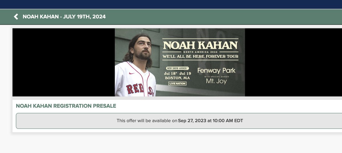 carlyemack's tweet photo. Is Noah Kahan Fenway presale on the MLB site or ticketmaster? help? @NoahKahan @NoahKahanNation https://t.co/jj9mzyOo4F