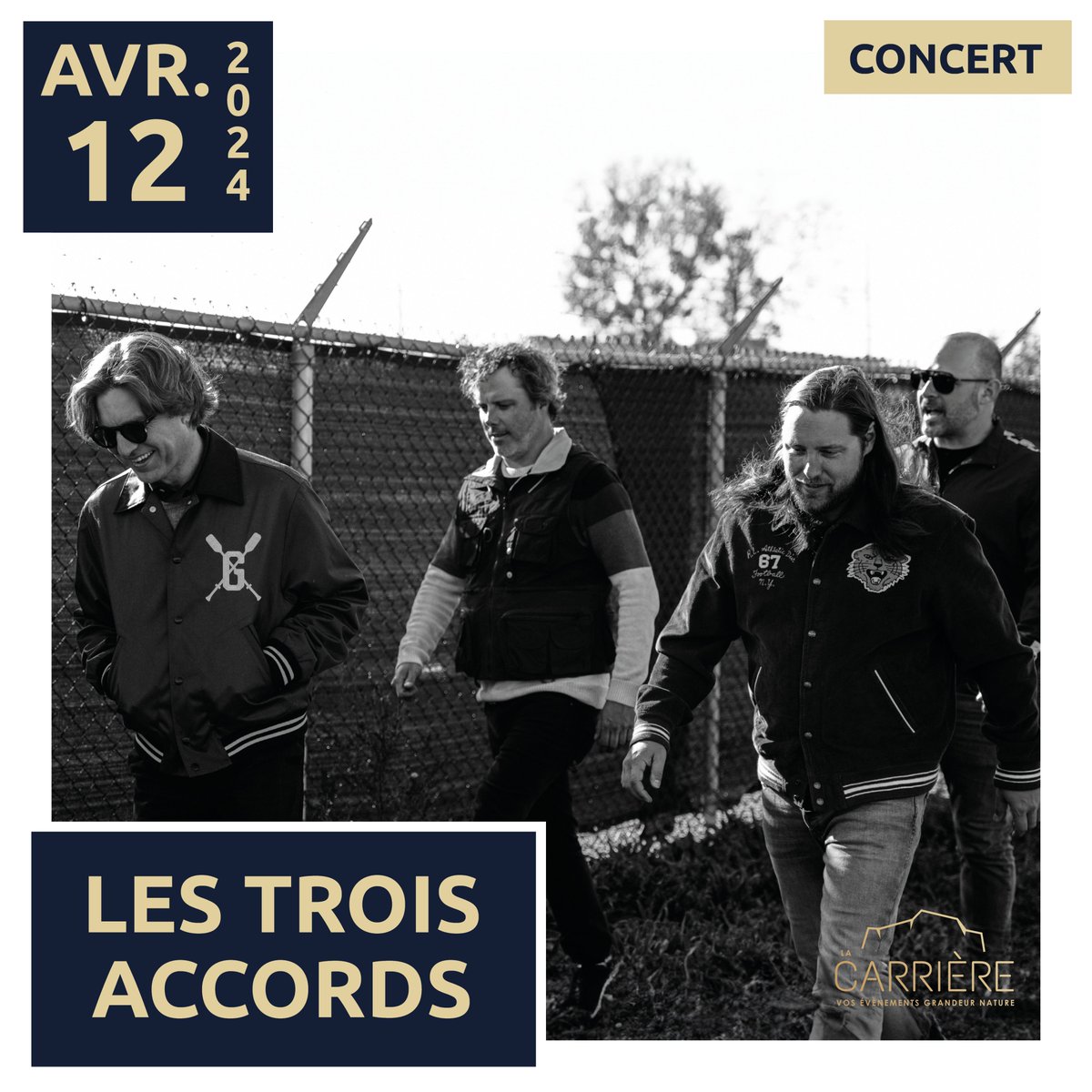 Les Trois Accords font leur retour en Europe ! 🎸

Le groupe québécois vous donnent rendez-vous le vendredi 12 avril 2024 à La Carrière pour une véritable aventure musicale.🔥

<a href="/LesTroisAccords/">Les Trois Accords</a> 
 
Les places sont déjà disponibles ! 🥳
🎫 Billetterie : lacarriere-events.com/les-trois-acco…