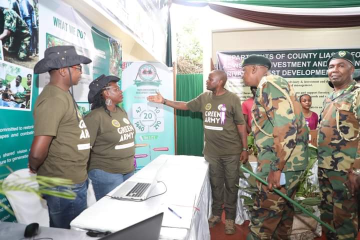 The Chief Conservator of Forests Alex Lemarkoko together with the Head of the Green Army Presidential initiative Adams Israel at the Green Army Exhibition booth at the Nairobi International Trade Fair, Jamhuri showgrounds.
#15BillionTrees #JazaMiti