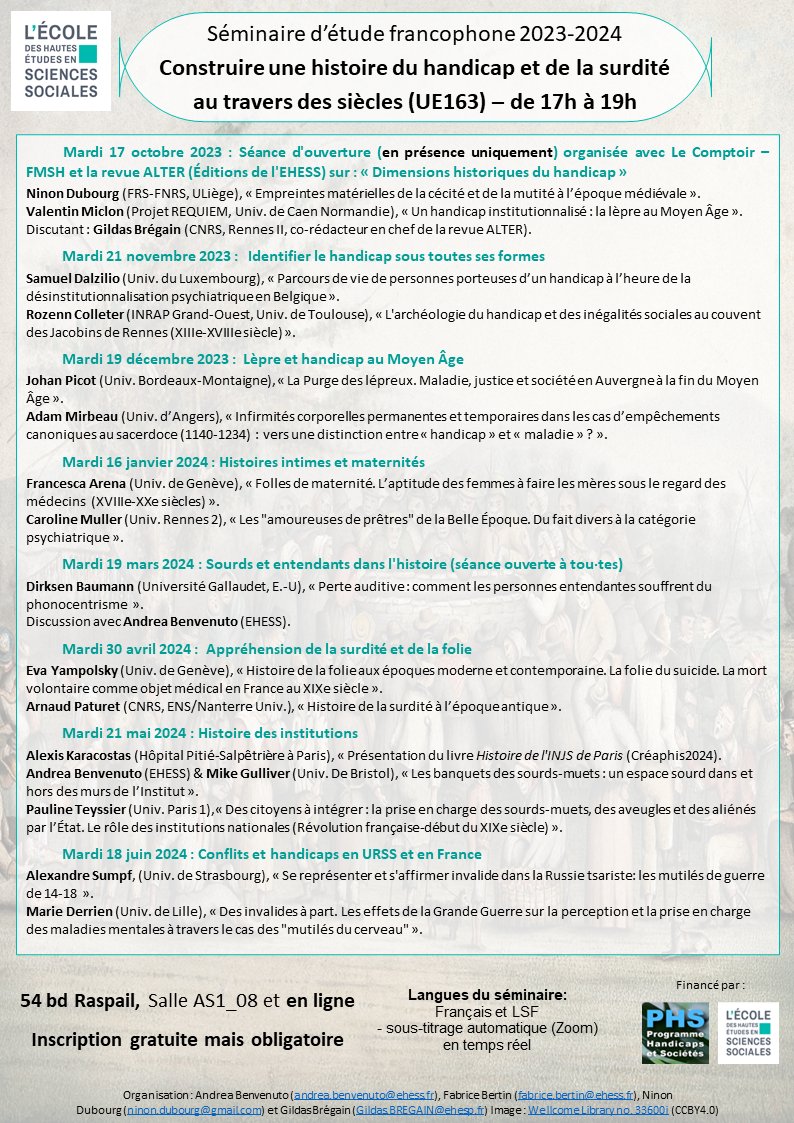 J'ai le grand plaisir de vous annoncer la reprise du séminaire CHHS "Construire une histoire du handicap et de la surdité" à l'<a href="/EHESS_fr/">EHESS</a> !

Toujours hybride, gratuit, en français &amp; LSF, inscription ici :
➡️ participations.ehess.fr/demandes/__nou…

⬇️⬇️⬇️Et voici le beau programme ⬇️⬇️⬇️
