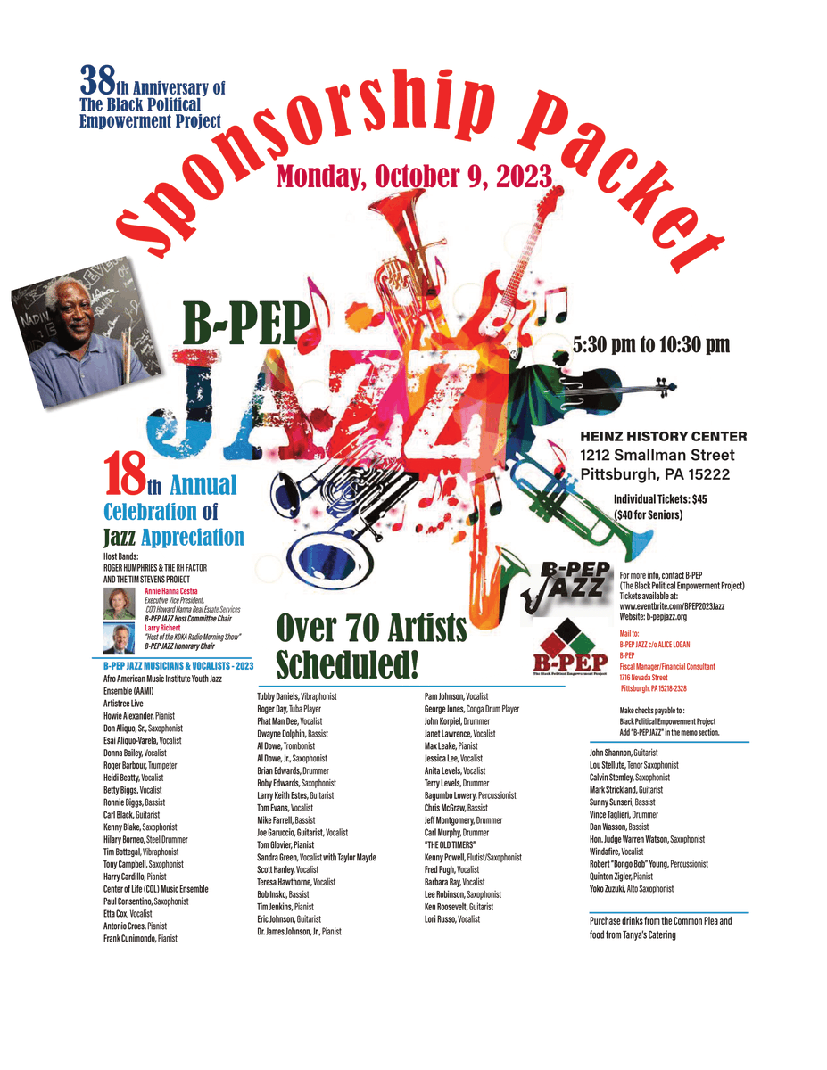 CEIRPittsburgh's tweet photo. B-PEP JAZZ 2023 | Mon Oct 9 | 5:30-10:30pm | Heinz History Center

Donate today - CALL US TODAY AT 412-901-8009 OR 412-758-7898 TO MAKE YOUR PLEDGE. https://t.co/zAbK6PUduj