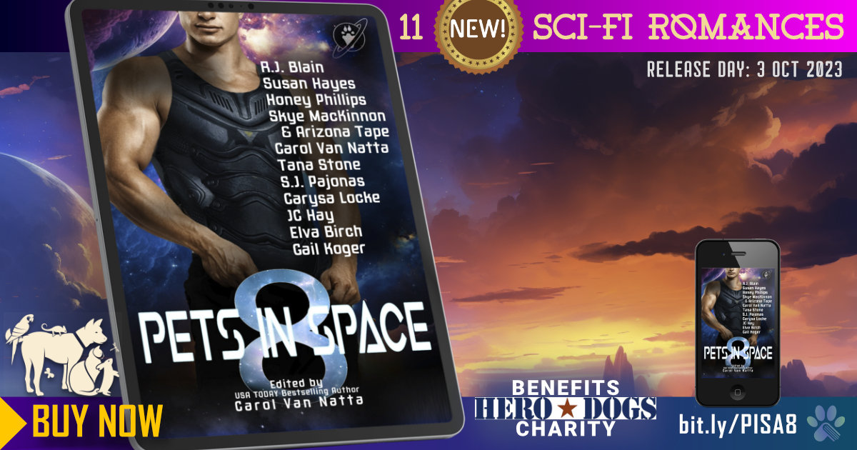 It's launch day for Pets in Space 8!

The pets of PETS IN SPACE 8 can't wait to meet you and take you on 11 fantastic adventures in the stars!

Grab your copy here: books2read.com/PISA8 #petsinspace #scifiromance #newrelease