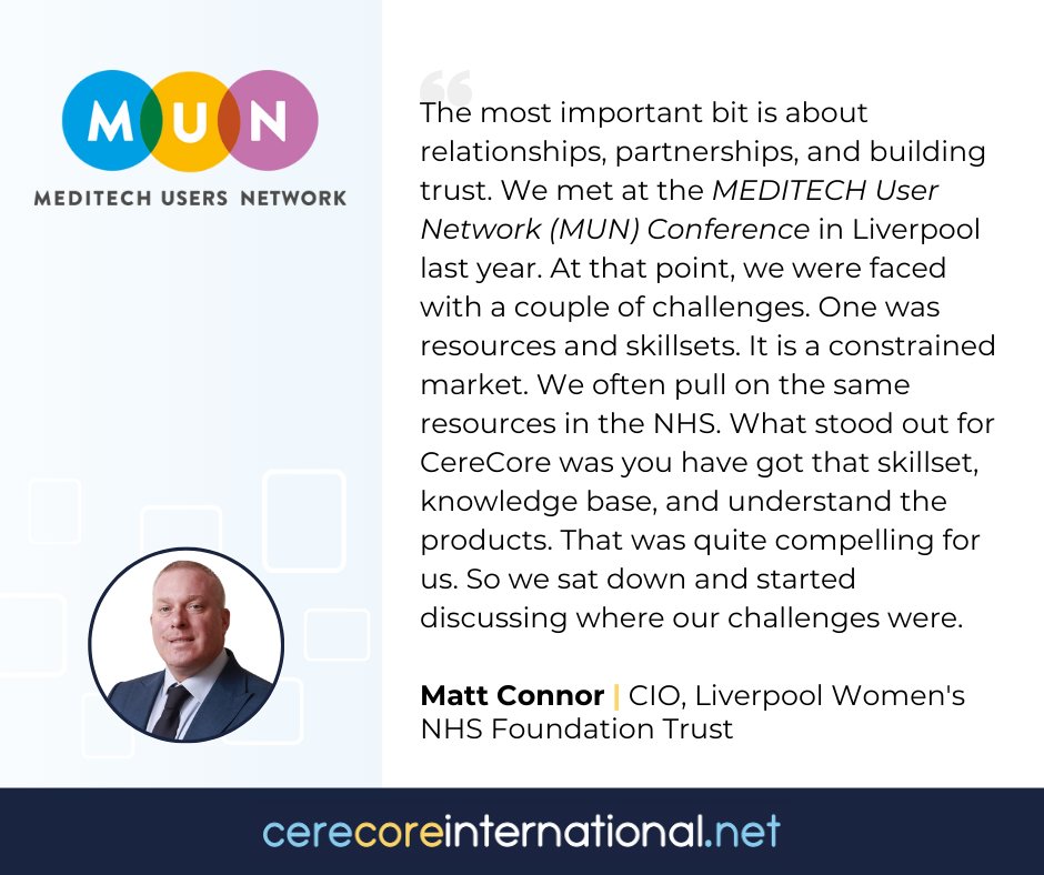 Visit us at #MUN2023 and attend the session with client CIO, Matt Connor, <a href="/LiverpoolWomens/">Liverpool Women's University Hospital</a>. Our team met Matt at last year's event and now they are on the other side of their #MEDITECH Expanse implementation. 

Schedule time to discuss your #EPR goals: hubs.li/Q023xFQ80
