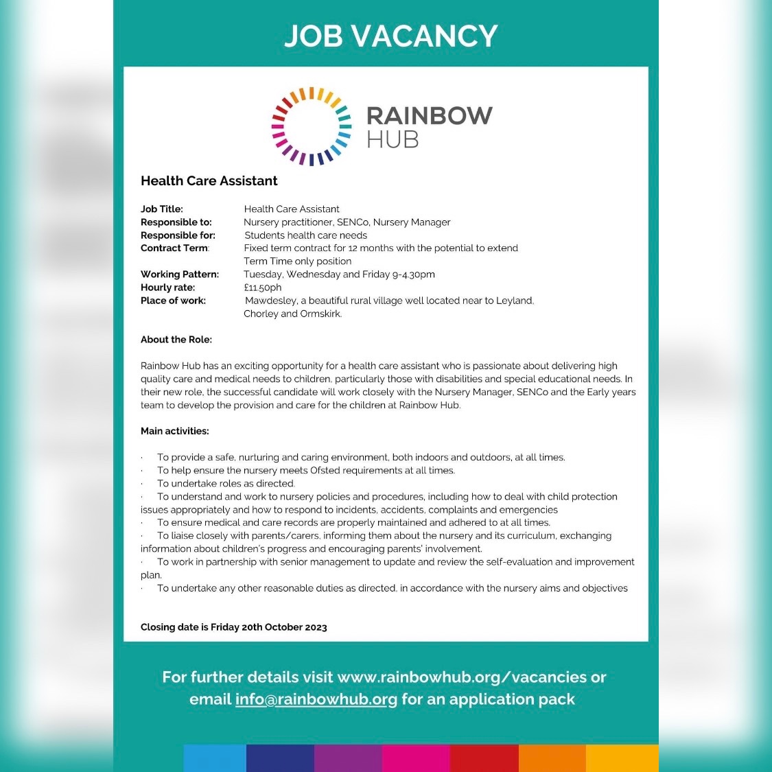 🌈🌈 Would you like to join our team? 🌈🌈 

We have a rare opportunity for someone with health care experience to work in the fabulous Rainbow Hub Nursery! 

For more information, please click here: rainbowhub.org/vacancies-2/ 
(Closing date is Friday 20th October 2023)