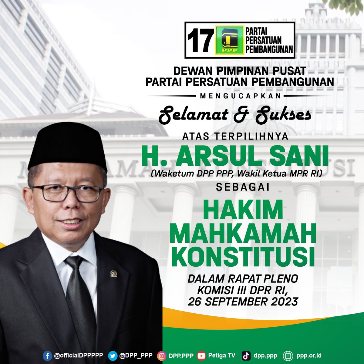 Pak Arsul sosok yang profesional di bidang hukum, praktisi hukum puluhan tahun, menjadi anggota DPR dua periode, paham betul dinamika pembentukan UU di parlemen. Jadi, sangat layak menjadi hakim MK.

Mabruk Pak <a href="/arsul_sani/">Arsul Sani</a>