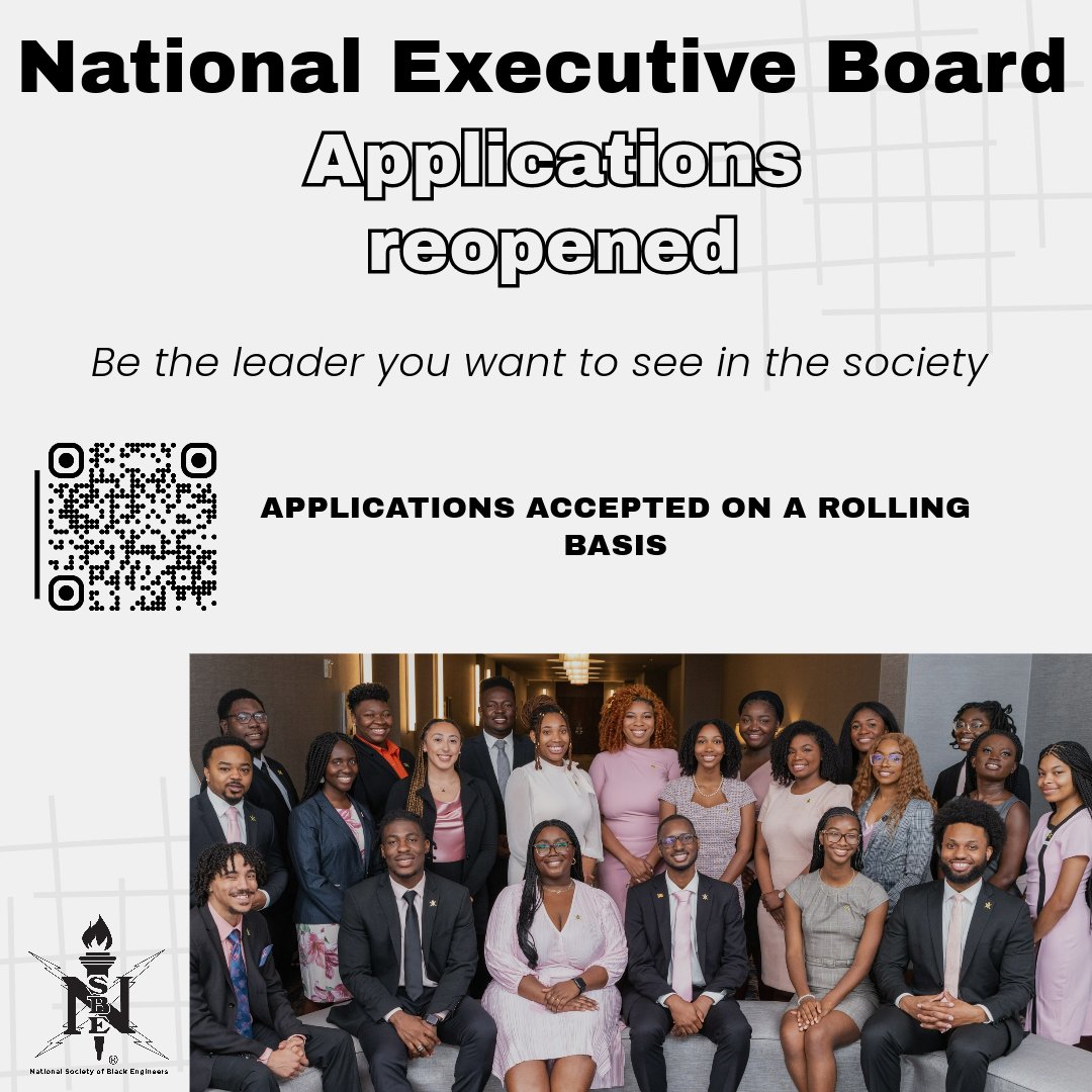 NSBE's tweet photo. APPLICATIONS ARE OPEN: Join our National Executive Board and be the leader you want to see in the Society! Applications are being accepted on a rolling basis. Apply here: https://t.co/Fu570qx6UN https://t.co/enHndUqujO