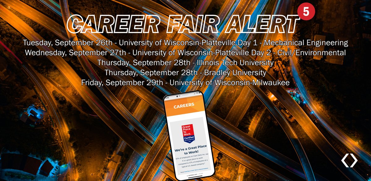 Clark Dietz will be attending five career fairs this week!

More details for the upcoming Fall 2023 career fairs will be announced in the coming weeks.

#EngineeringQualityofLife #FallCareerFairs2023