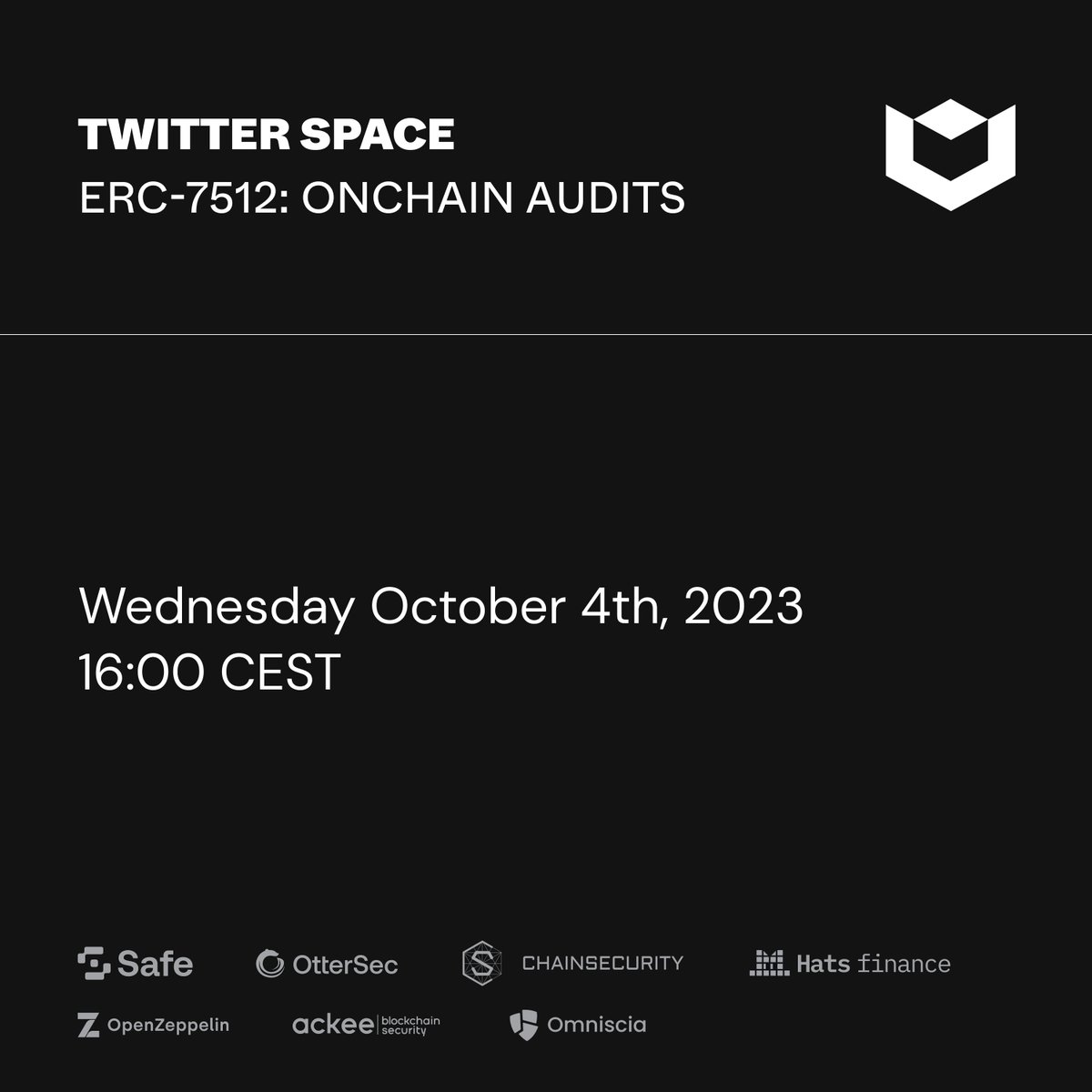 Safe.eth (@safe) on Twitter photo 🎙️ ERC-7512: Onchain Audits Roundtable
The brains behind the EIP discuss representing smart contract audits onchain as a new security standard.
Set your reminders: x.com/i/spaces/1nAKE…
<a href="/safe/">Safe.eth</a> <a href="/osec_io/">OtterSec</a> <a href="/chain_security/">ChainSecurity</a> <a href="/AckeeBlockchain/">Ackee Blockchain Security</a> <a href="/OpenZeppelin/">OpenZeppelin</a> <a href="/HatsFinance/">Hats.Finance 🦇🔊</a> <a href="/Omniscia_sec/">Omniscia</a> 🎙️ ERC-7512: Onchain Audits Roundtable
The brains behind the EIP discuss representing smart contract audits onchain as a new security standard.
Set your reminders: x.com/i/spaces/1nAKE…
<a href="/safe/">Safe.eth</a> <a href="/osec_io/">OtterSec</a> <a href="/chain_security/">ChainSecurity</a> <a href="/AckeeBlockchain/">Ackee Blockchain Security</a> <a href="/OpenZeppelin/">OpenZeppelin</a> <a href="/HatsFinance/">Hats.Finance 🦇🔊</a> <a href="/Omniscia_sec/">Omniscia</a>