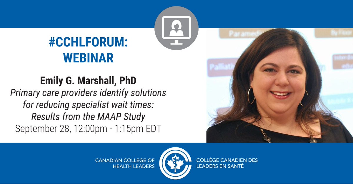 CCHL_CCLS's tweet photo. Join us tomorrow from 12:00 – 1:00 pm EDT for a webinar with @DrEmilyMarshall on her research into how specialist care wait times impact their patients and practices. @DalhousieU @BRIC_NS @SchulichMedDent @WesternU @SageHealthInfo #CCHLeaders #CCHLForum > https://t.co/tVXfGytz1A https://t.co/hBN9YCuaWl