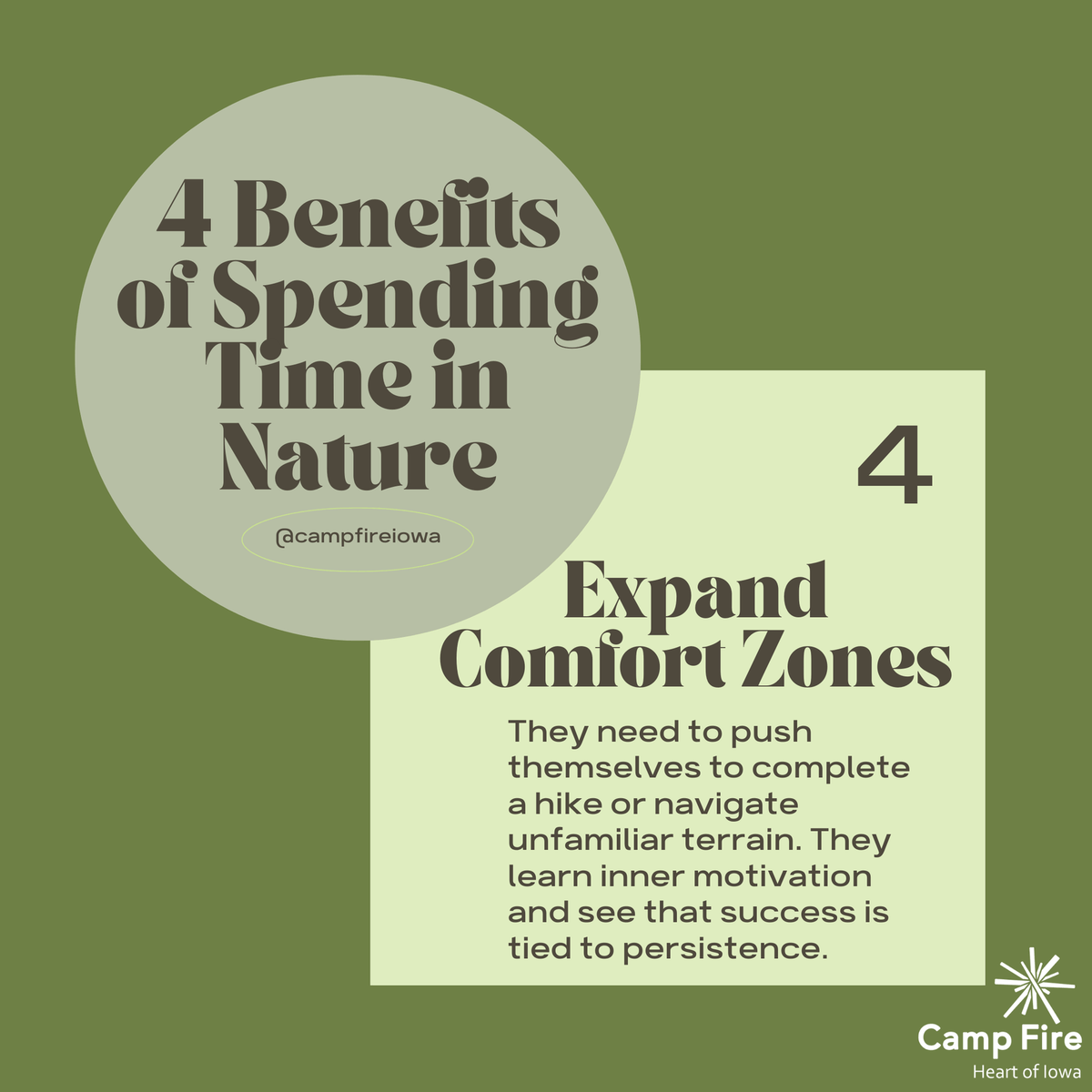 campfireiowa's tweet photo. We envision a world where every young person has the opportunity to engage with nature.🌻🍂 

Check out 4️⃣ benefits of spending time in nature 👉 

#connectwithnature #nature #getoutside #natureeducation #natureprogram https://t.co/kghJWpjUB9