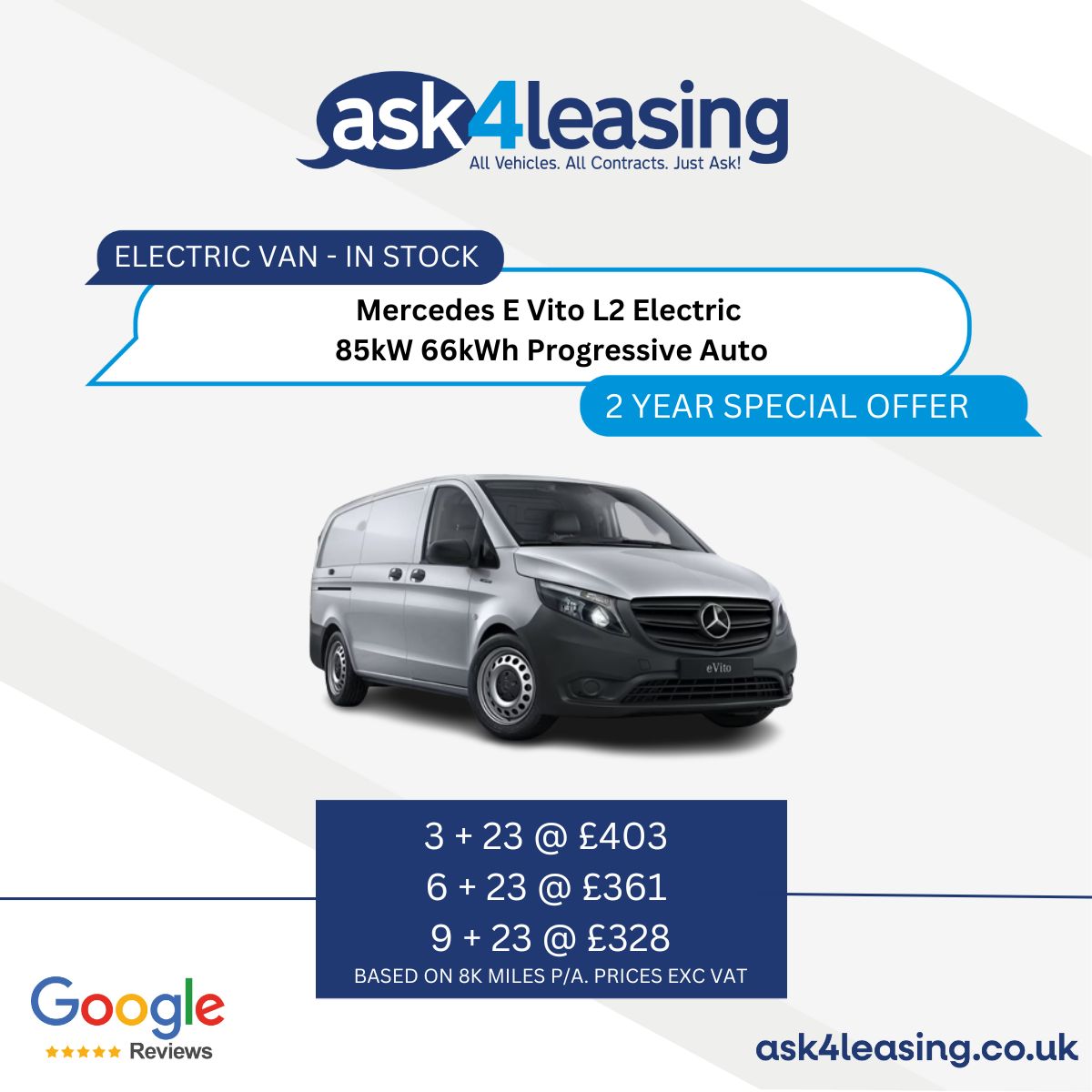 Ask4Leasing's tweet photo. Mercedes E-Vito L2 85kW 66kWh Progressive Van Auto
⚡ Electric Van In Stock - Quick Delivery
🔧 No MOT &amp; 3 Year Warranty
🏠 FREE Delivery To Your Door
⭐ 5* Google Rated Service

👇Click Below For More Details
💻https://t.co/zFuCXeNBNq
📞02920 461437
📧 sales@ask4leasing.co.uk https://t.co/NzRNbPFdz0