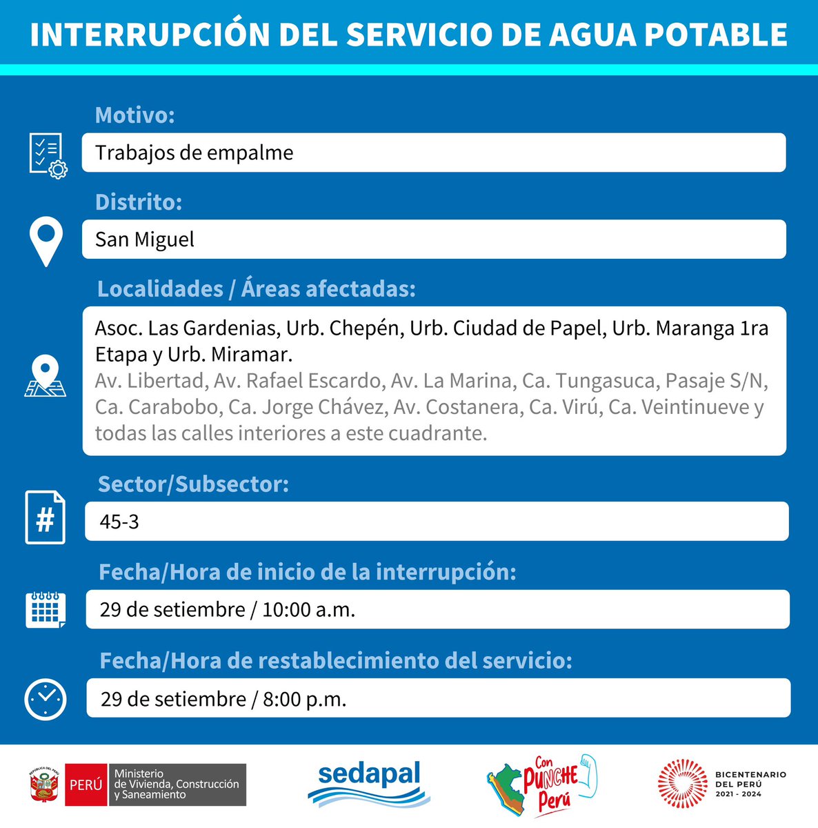 SedapalOficial's tweet photo. 🔴¡ATENCIÓN, SAN MIGUEL Y CERCADO DE LIMA! Sedapal realizará labores programadas en este punto de su distrito el día VIERNES 29 de setiembre. Trabajamos para mejorar la calidad de vida de los vecinos de #Lima y #Callao.

#Sedapal #Agua #InterrupciónDeServicio https://t.co/u1OZxTjlIU