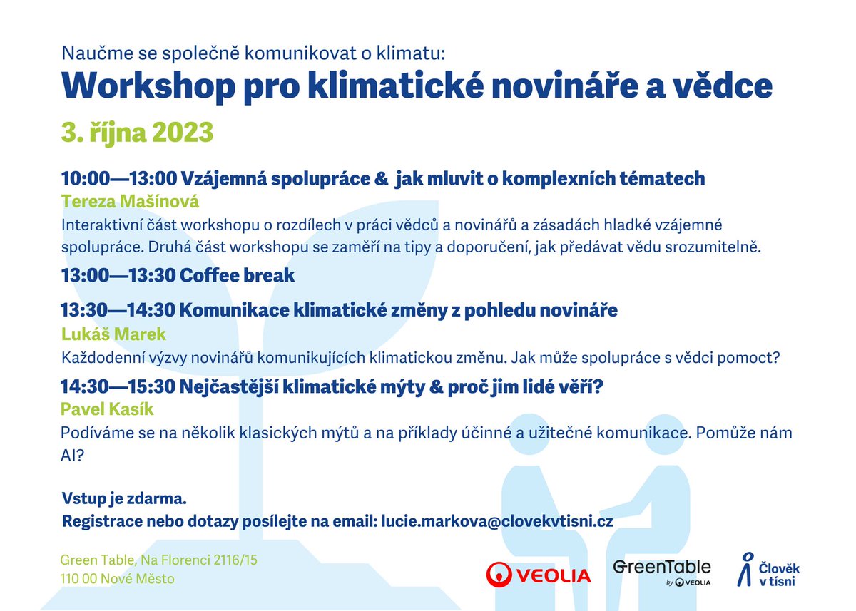 CLOVEKVTISNI's tweet image. 🌏 S nadačním fondem @Veolia a #GreenTable vás zveme na #workshop o komunikaci #KlimatickaZmena a spolupráci vědců a novinářů v této oblasti.
Vstup na akci ZDARMA. 

💦 Více info: fb.me/e/3aQ9bs5bd
@LukMarek10 @MasinovaTereza @kasikp