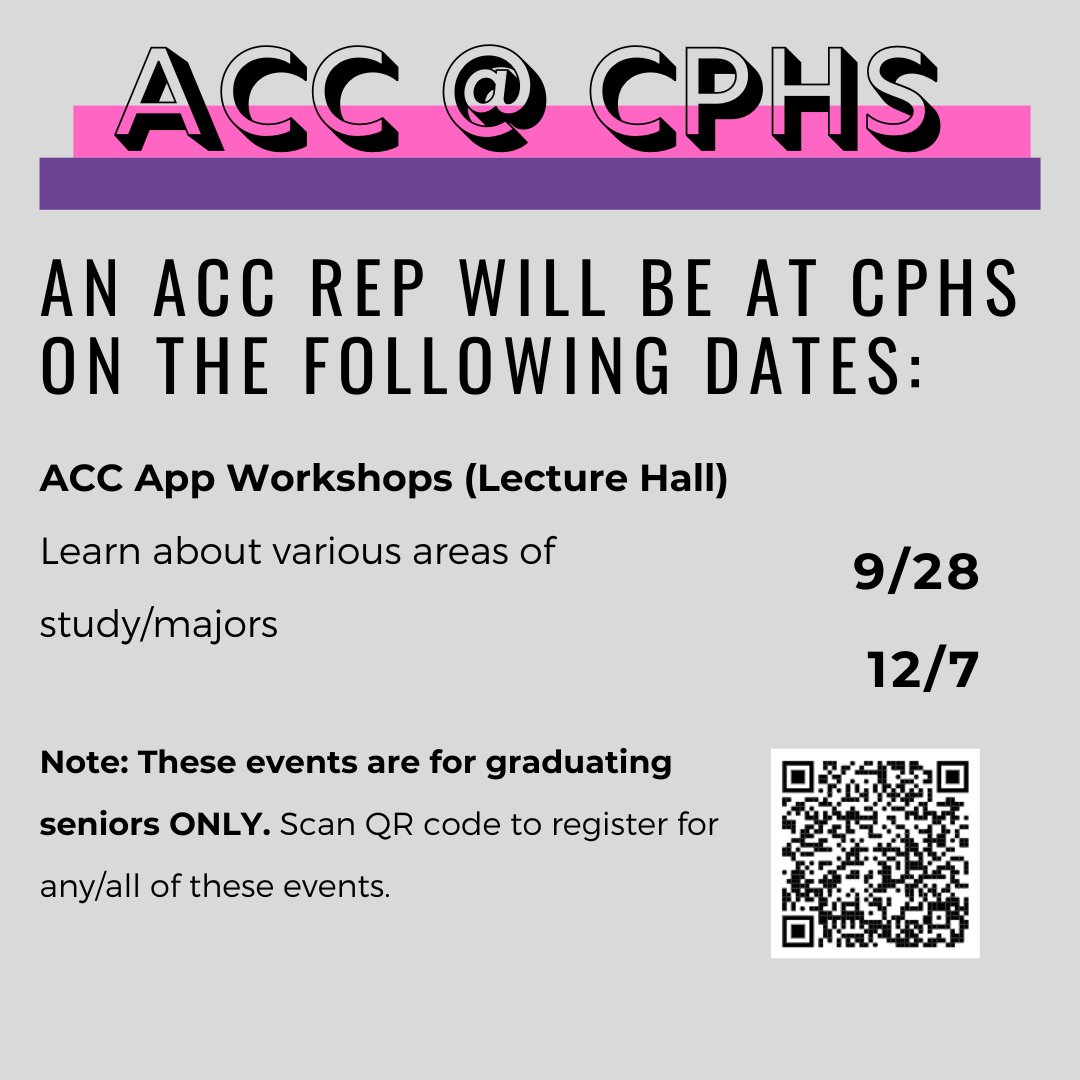 Seniors: Going to ACC next year? Want to learn about the MANY areas of study/majors ACC has to offer at their various campuses? Portal into "Special - ACC Enrollment/Registration" for tomorrow's (9/28) workshop!