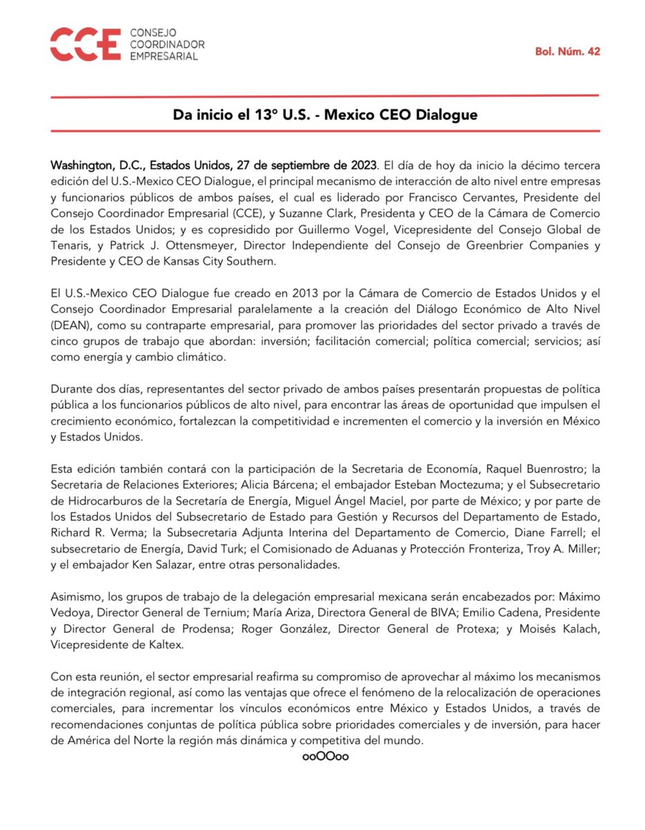 cceoficialmx's tweet photo. #Comunicado|  Da inicio el 13° U.S. - Mexico CEO Dialogue 🇲🇽🇺🇸 https://t.co/9njC3Yl9JI