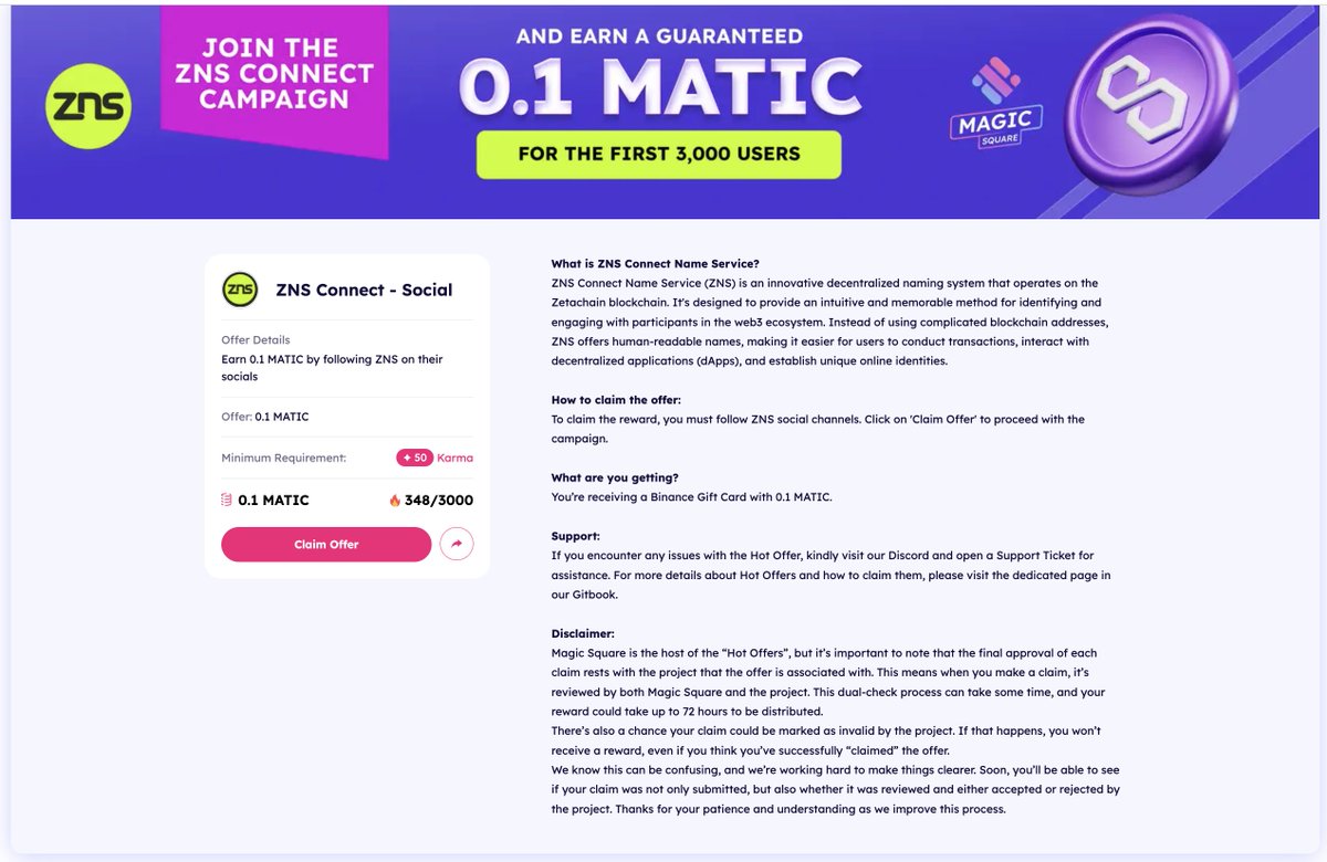 🚀 Exciting Offers from <a href="/ZNS/">Eileen O'Neill</a> and <a href="/MagicSquareio/">Magic Square</a>  with <a href="/zetachain/"></a> ! 

🏃💸 Follow them on socials and EARN 0.1 MATIC! 💰

Ditch complex blockchain addresses for user-friendly ZNS names! 🔗✨

But that's not all! Mint a Domain on <a href="/zetachain/"></a>  and EARN 0.3 MATIC! 💎

Claim