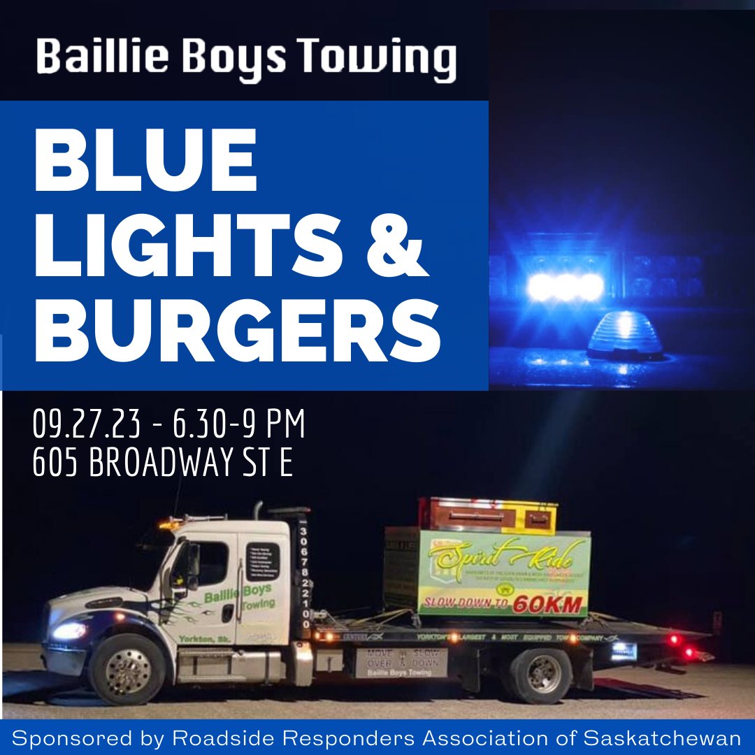 Get ready for an unforgettable evening! Baillie Boys Towing invites you to join us tonight from 6:30 PM to 9:00 PM at our location - 605 Broadway Street East, for the 'Blue Lights and Burgers' event.

#SpiritRideMemorial #RoadsideSafety #BaillieBoysTowing #MoveOverSlowDown