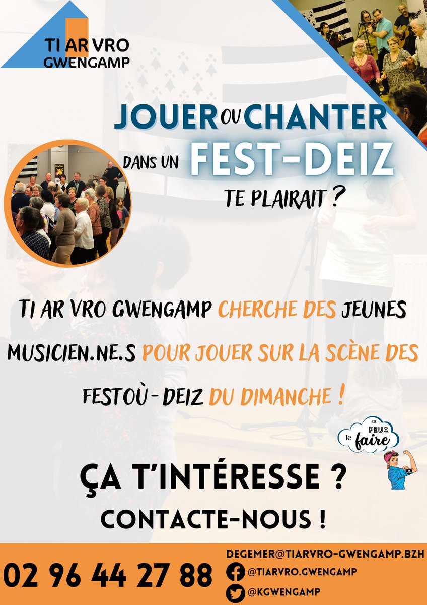 KGwengamp's tweet photo. Emaomp o klask tud #yaouank evit seniñ e festoù-deiz ar sul ! Tud a anavezit ? Pe yaouank oc'h ? Ale, deuit, #plijadur 'vo !
Avis aux jeunes https://t.co/LYY3JTiTQs.s qui voudraient s'essayer sur la scène de Ti ar Vro !
#bzhg #brezhoneg #gwengamp #festdeiz #sonerezh #festnoz https://t.co/iyi2mAJ2sD