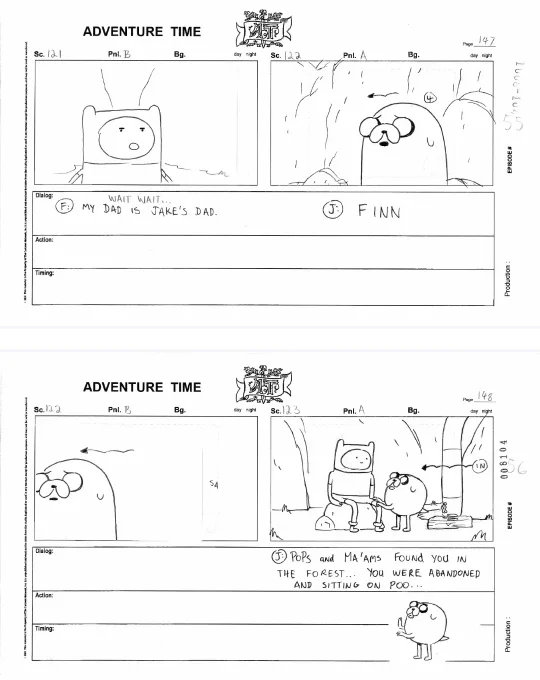 Deleted storyboards of jake telling finn he's adopted (S4 ep26 "The Lich") 