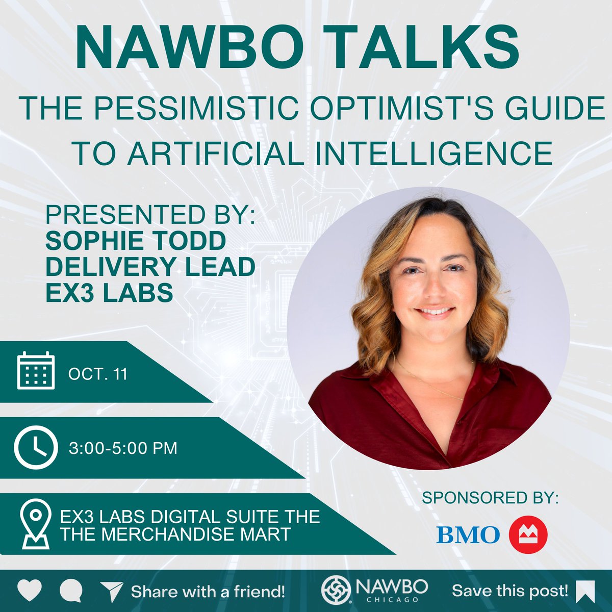 Join NAWBO Chicago on October 11 for networking from 3:00 - 4:00 pm at the <a href="/EX3Labs/">EX3 Labs</a> Digital Suite followed by the presentation on A.I. beginning at 4:00 pm. This is a hybrid event, presented by Sophie Todd. Thank you <a href="/BMO_US/">BMO U.S.</a> for sponsoring.

🎟️: eventbrite.com/e/722143569857