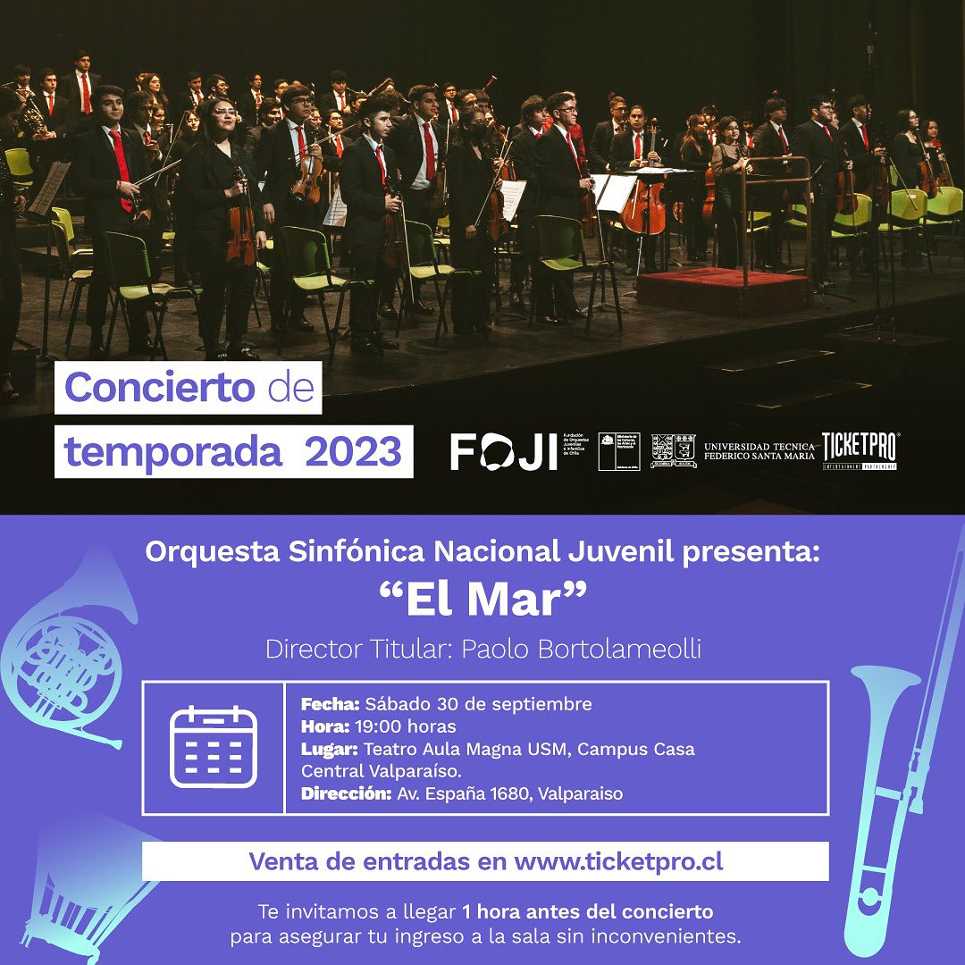 vlpoinfo's tweet image. 🎻La #OSNJ se presenta en @usantamaria  bajo la conducción de @PBortolameolli, una de las batutas más importantes de la escena.
🎻En el show se presentarán diversas piezas musicales, destacando "La Mer" de Claude Debussy
🌐Más info en vlpo.cl
🎼
#ValpoExpectacular