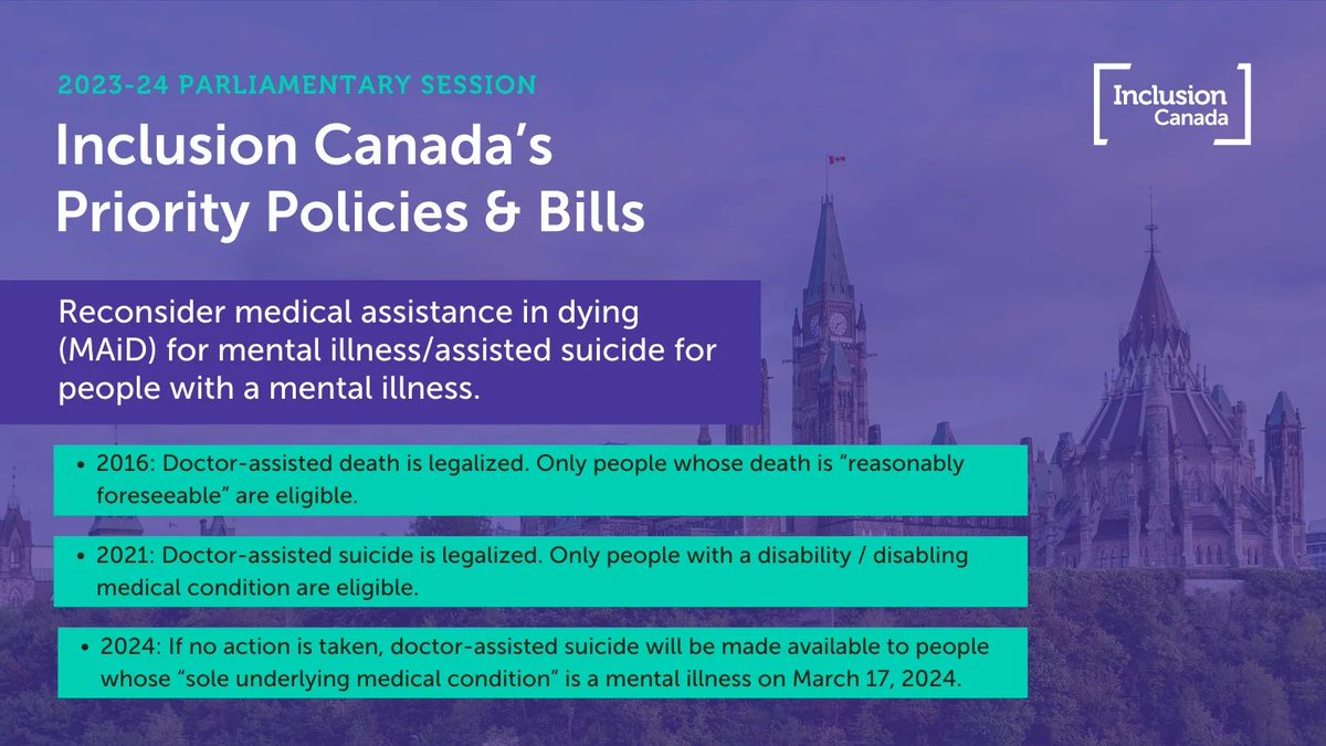 InclusionCA's tweet image. If no action is taken, #MAiD for mental illness will automatically become legal in six months. We hope that parliamentarians will reconsider, take action, and change courses. #cdnpoli