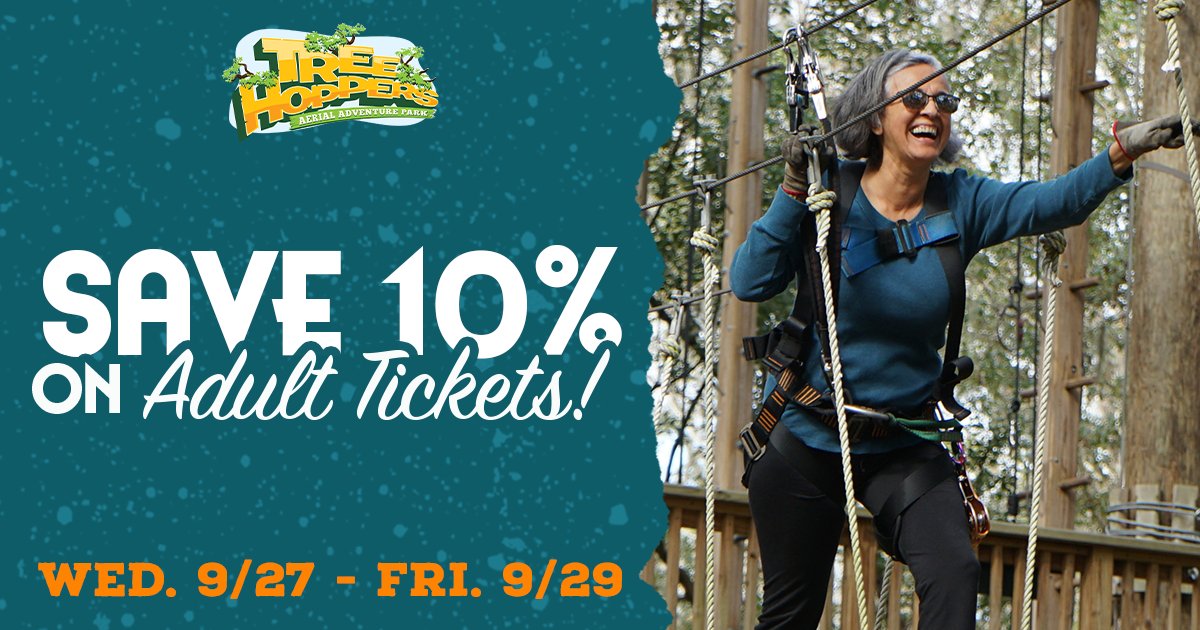 TreeHoppers's tweet image. This Wednesday (09/27)- Friday (09/29), save 10% when you purchase your adult admission online ⭐

Get the catchphrase code online at: hbit.ly/3L2TYw9

#TreeHoppers #Special #TampaFL #DadeCityFL #Orlando #Summer #Adventure