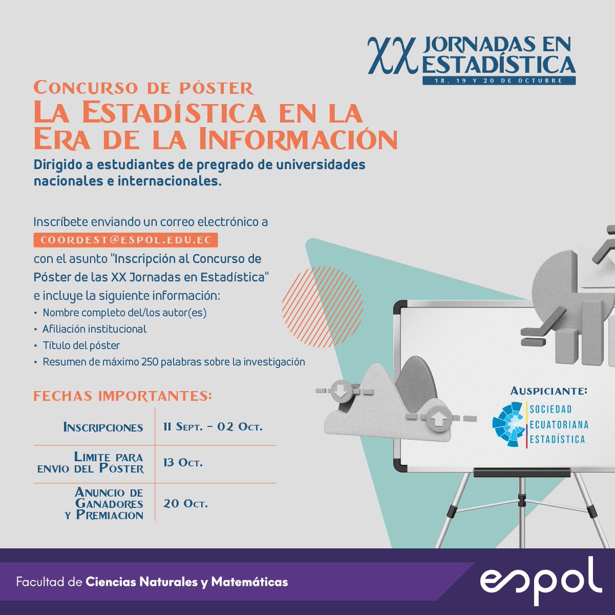 FCNM_Espol's tweet photo. Participa en nuestros concursos y forma parte de la XX Jornada en Estadística. 📊💻

Inscríbete hasta el 2 de octubre enviando un correo a: 
📧coordest@espol.edu.ec https://t.co/d8TeViPDFf