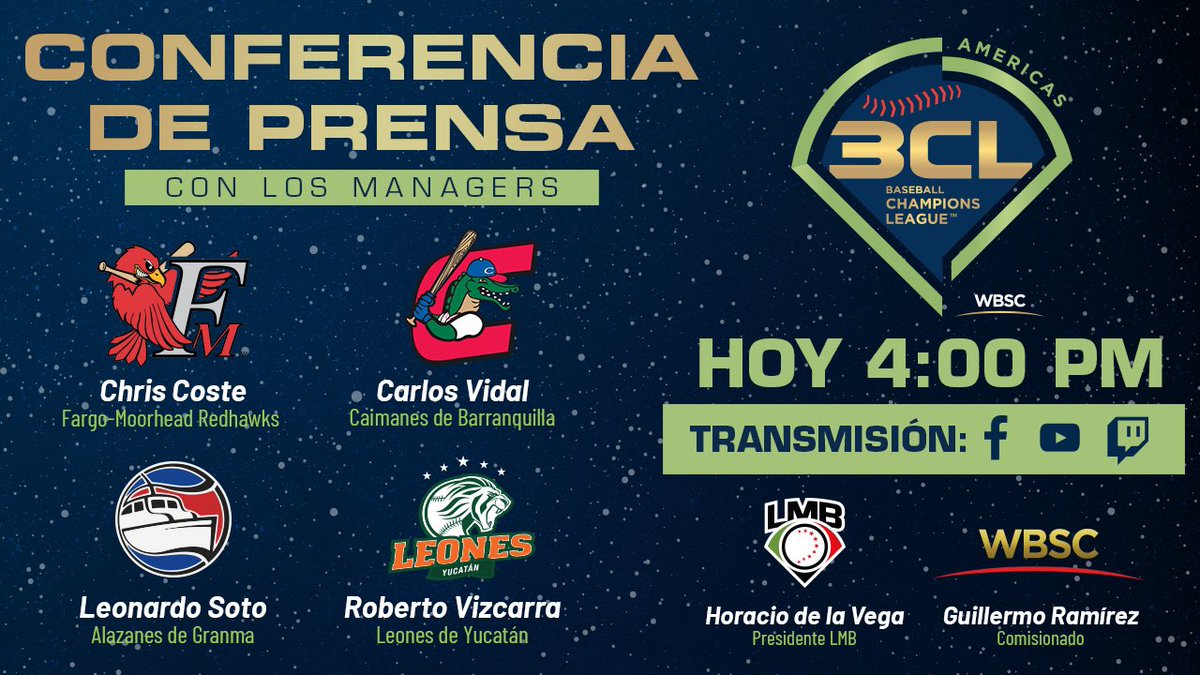 Hablemos con los líderes 🫡

Mañana arranca la Baseball Champions League 🏆 y hoy tendremos  a los 4️⃣ managers, junto con nuestro presidente y el comisionado de <a href="/WBSC/">WBSC ⚾🥎</a> 🎙️ 

Sintoniza la transmisión en nuestro Facebook, Youtube o Twitch 💻 📱 

¡Te esperamos! 😎