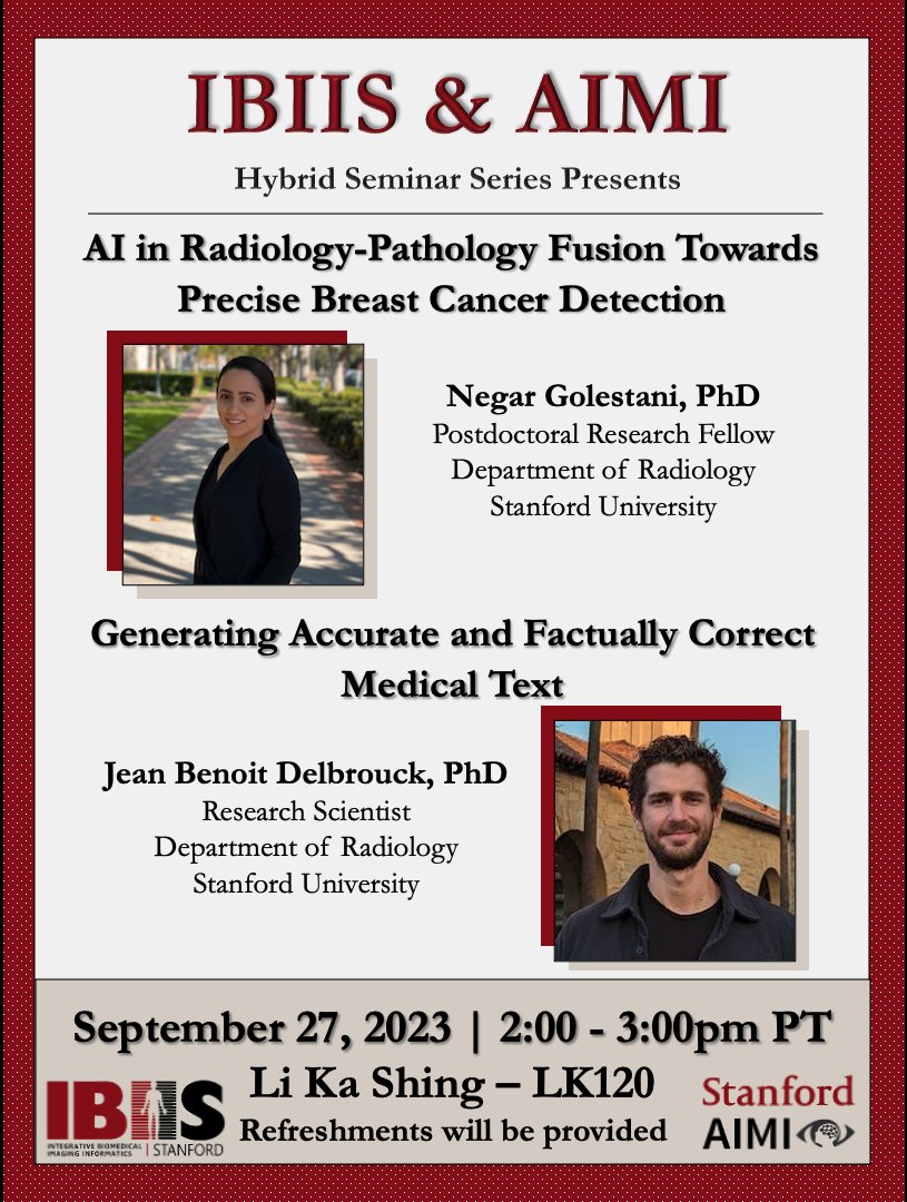 Integrative Biomedical Imaging Informatics (IBIIS) (@stanfordibiis) on Twitter photo Join us today at 2:00pm for a <a href="/StanfordIBIIS/">Integrative Biomedical Imaging Informatics (IBIIS)</a> & <a href="/StanfordAIMI/">Stanford AIMI</a> seminar by Negar Golestani, PhD (<a href="/GolestaniNegar/">Negar Golestani</a>) and JB Delbrouck, PhD at Li Ka Shing, LK120: ibiis.stanford.edu/events/seminar… Join us today at 2:00pm for a <a href="/StanfordIBIIS/">Integrative Biomedical Imaging Informatics (IBIIS)</a> & <a href="/StanfordAIMI/">Stanford AIMI</a> seminar by Negar Golestani, PhD (<a href="/GolestaniNegar/">Negar Golestani</a>) and JB Delbrouck, PhD at Li Ka Shing, LK120: ibiis.stanford.edu/events/seminar…
