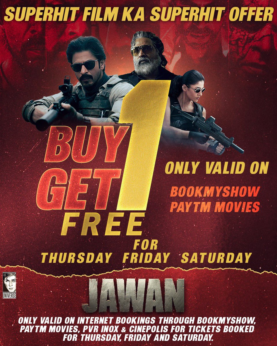 SRKUniverse's tweet photo. If you haven’t watched it yet, this is your chance❣️🤩
Don’t miss to watch the biggest blockbuster at your nearest big screen 🔥❤️‍🔥
Book your tickets now with #Buy1Get1 offer across all the formats (2D, IMAX, 4DX) 🎉💥

#Jawan #ShahRukhaKhan #SRK
@iamsrk @RedChilliesEnt @Atlee_dir https://t.co/C71KXWReJh