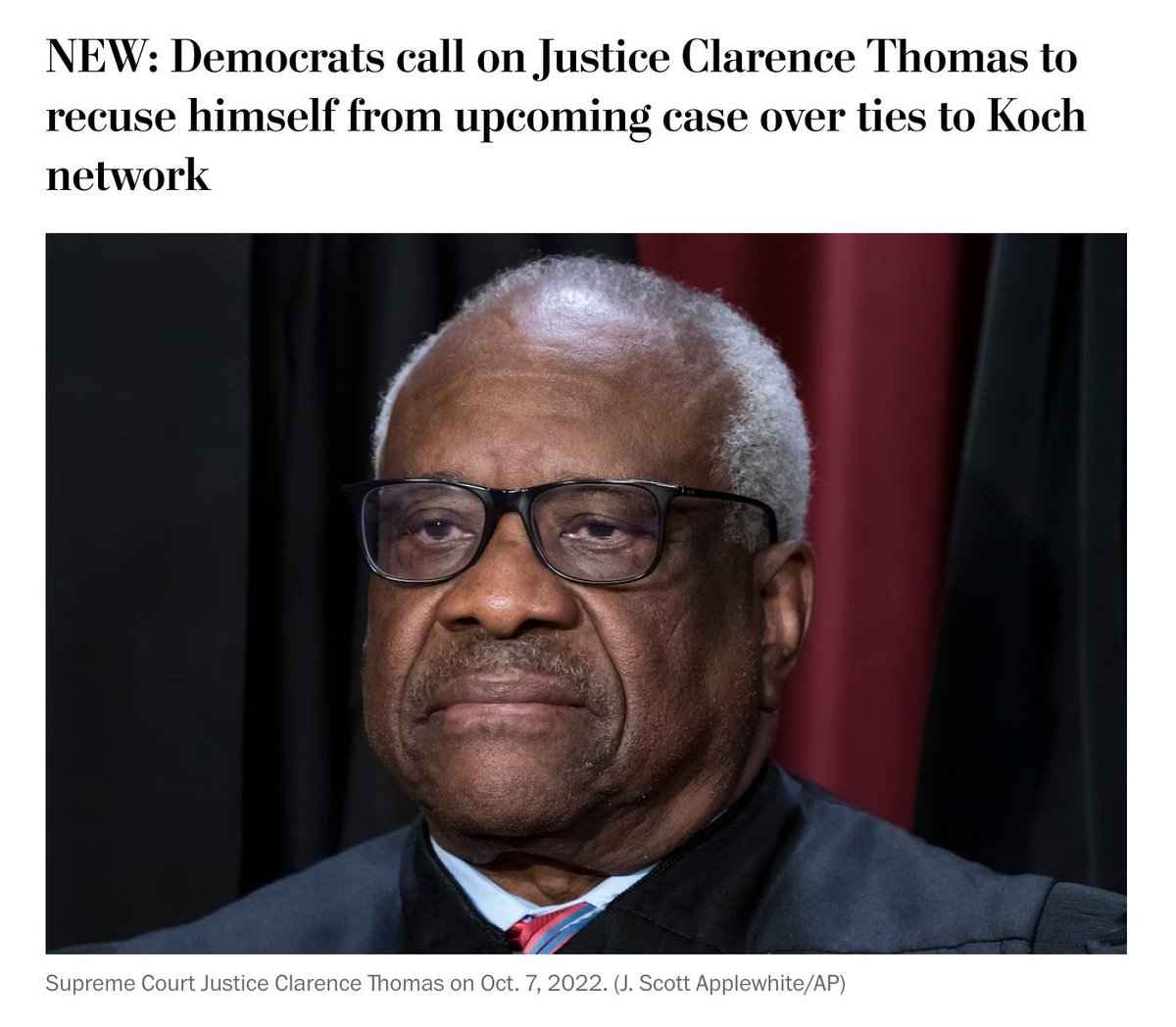 RepDanGoldman's tweet photo. Justice Thomas' years-long relationship with the Kochs, including attending Koch donor retreats, is a blatant conflict of interest in the upcoming Loper case funded by the Koch network.
Iโm leading 49 colleagues to demand his recusal from all future cases tied to Koch interests. https://t.co/rDRyLKvo9u