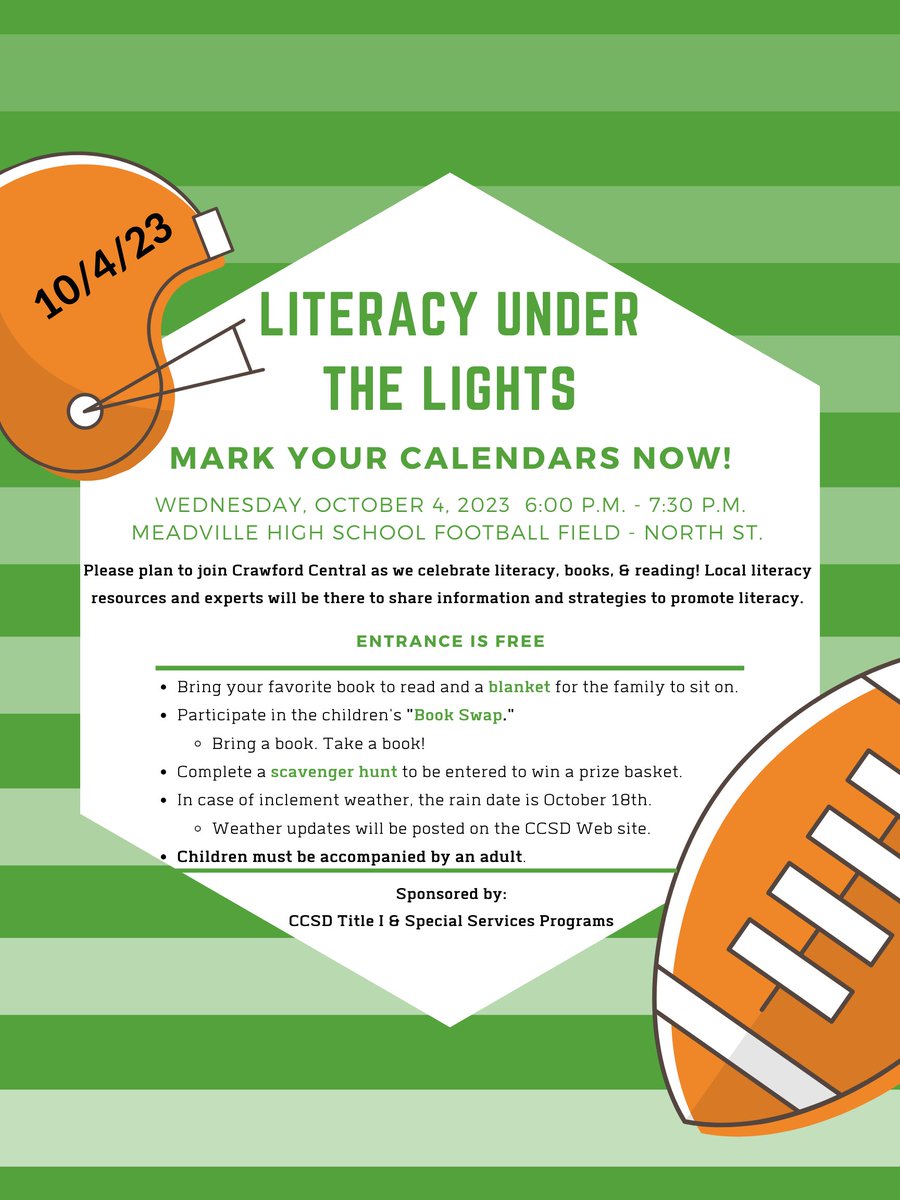 Ann Noonen (@anoonen) on Twitter photo Attention <a href="/CrawfordCentral/">Crawford Central SD</a> Families!
One week from today!
📚🏈 Literacy Under the Lights! 📚🏈
Date: Wednesday, October 4, 2023
Time: 6:00 p.m. - 7:30 p.m.
Location: Bender Field
Hope to see you there! Attention <a href="/CrawfordCentral/">Crawford Central SD</a> Families!
One week from today!
📚🏈 Literacy Under the Lights! 📚🏈
Date: Wednesday, October 4, 2023
Time: 6:00 p.m. - 7:30 p.m.
Location: Bender Field
Hope to see you there!