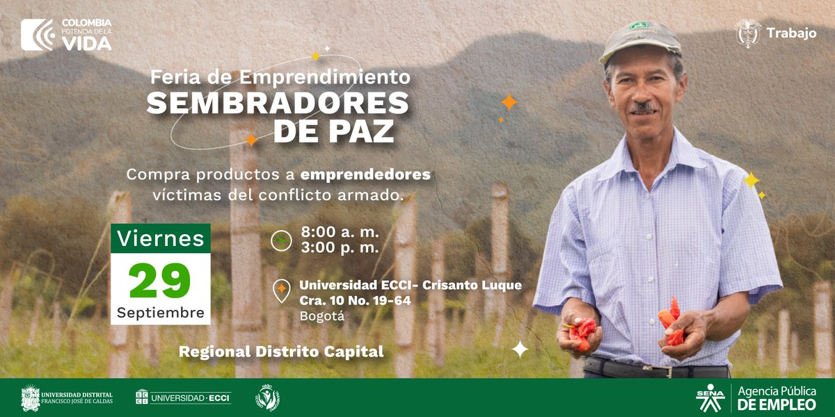 Invitamos a toda la comunidad a participar el próximo 29 de septiembre en la sede Crisanto Luque en la feria de emprendimiento: Sembradores de Paz.