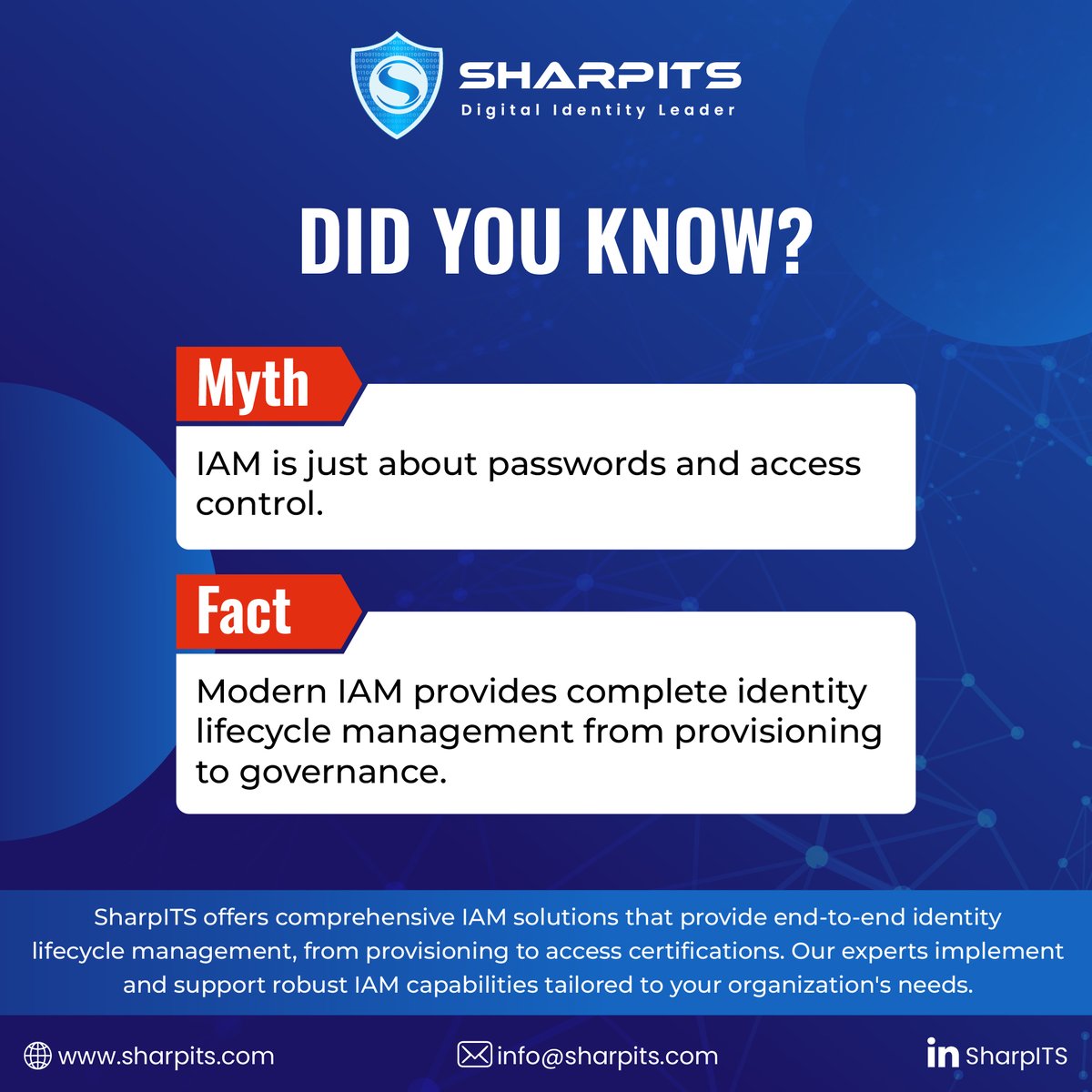 IAM Myth vs. Fact 🔍

Checkout the power of true Identity and Access Management with SharpITS!
 #IAM #SharpITS #TechTruths