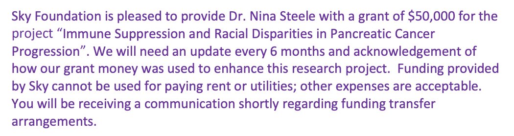 I would like to express a heartfelt🙏 to <a href="/skyresearch/">Sky Foundation, Inc.</a> for supporting our research on #PDAC TME! Thank you! S/o to🌟Madison in my lab who is balancing med school rotations and this project if you are at #AACRpan23 please swing by her poster Friday night C012!