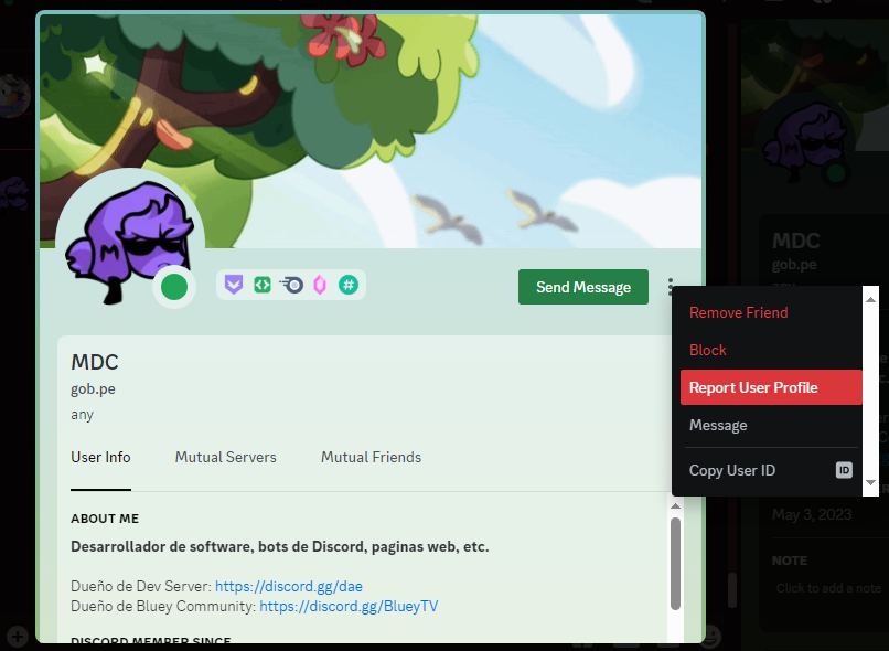 DiscordBetasES's tweet photo. Ya puedes reportar a los usuarios de Discord directamente desde la aplicación, puedes reportar la foto, nombre, biografía, pronombres, o estado del perfil, desde si es un perfil de spam, inapropiado, molestoso o si te hace sentir inseguro de alguna forma. https://t.co/nzEByKvkoq