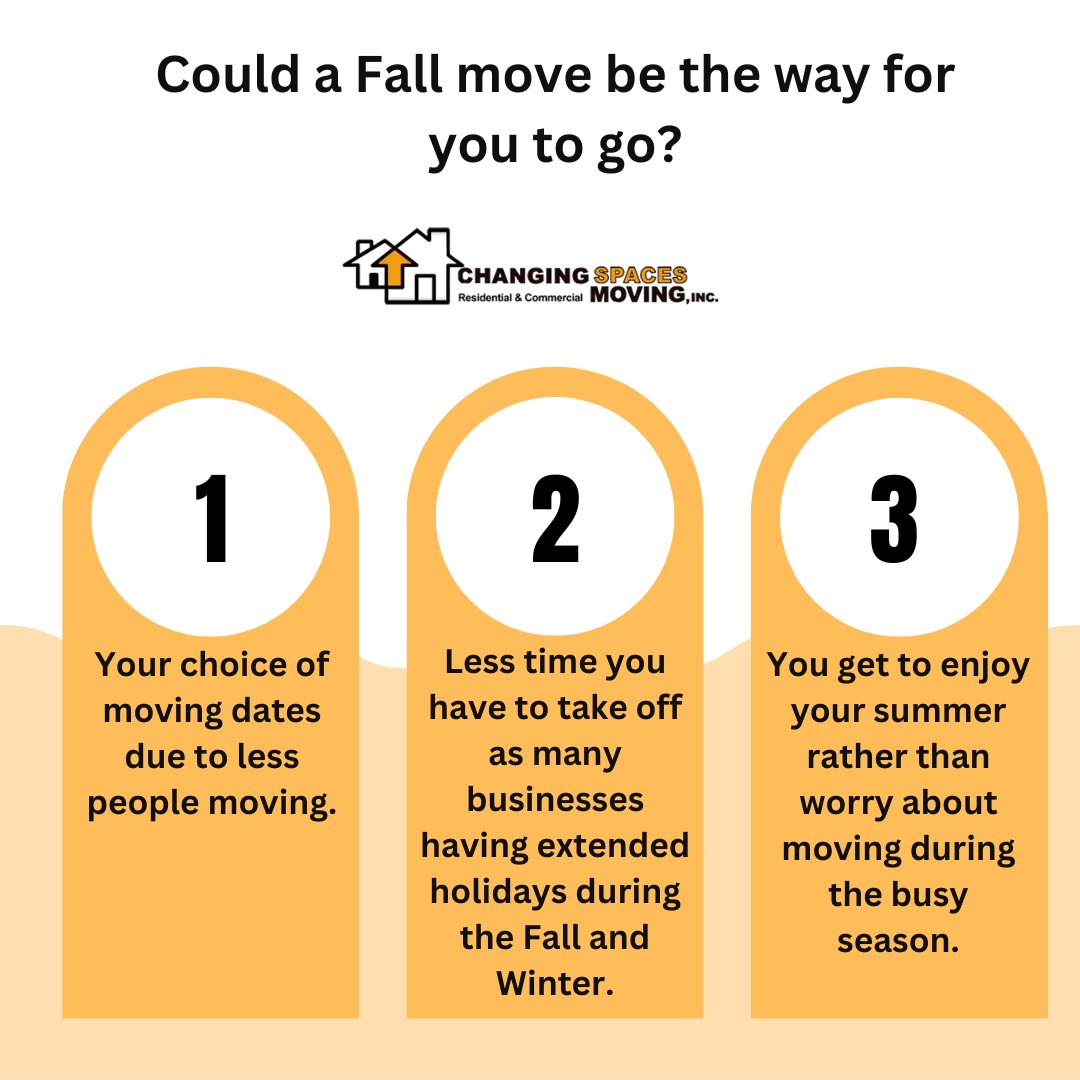 Could a Fall move be the better option for you? Here are three great benefits that many movers find if they move during the Fall. #ChangingSpacesMoving
