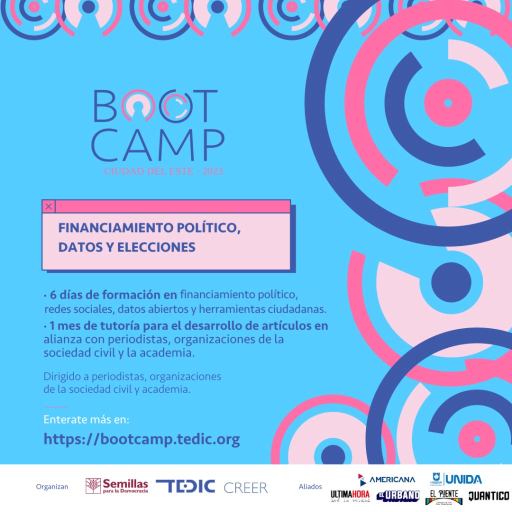 TEDICpy's tweet image. #Bootcamp2023| Se viene el segundo Bootcamp del año y tenemos muchas novedades que contarte 🗣️

🚌 Esta nueva edición será sobre temas de financiamiento político, datos abiertos y elecciones. Además, ¡contará con actividades presenciales en Ciudad del Este!

¿Qué esperar?👀

👨‍💻6…