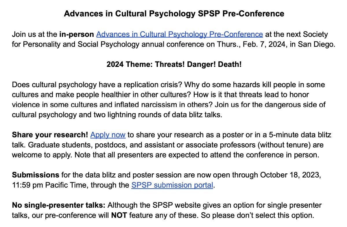 ThomasTalhelm's tweet image. Apply now to the SPSP Cultural Psychology Pre-Conference! 🚨 Give a short data-blitz talk or a poster. Anyone from grad students to untenured profs welcome to submit. spsp.wufoo.com/forms/2024-pre… @SPSPnews #SPSP #SPSP2024