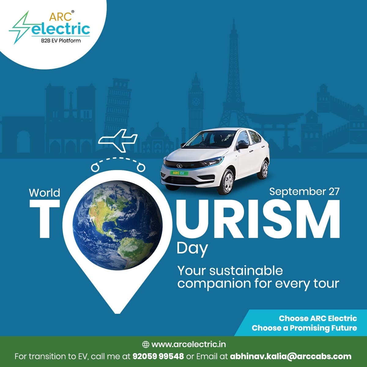 Travel the world, reduce your carbon footprint. Celebrate World Tourism Day with us by choosing our eco-friendly EV cabs for your next adventure. 

#ARC #Ev #CleanTravel #WorldTourismDay #27september #EcoFriendlyTravel #ElectricVehicles #GreenTravel #GoGreen #TourismForAll