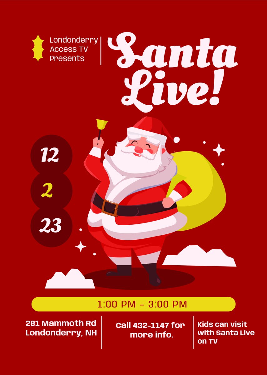 Santa and Mrs. Claus will be returning this year! You won't want to miss seeing them live in our studio on December 2nd, 1:00 PM - 3:00 PM. #LondonderryTV #LondonderryNH #SantaClaus #Santa #Christmas2023