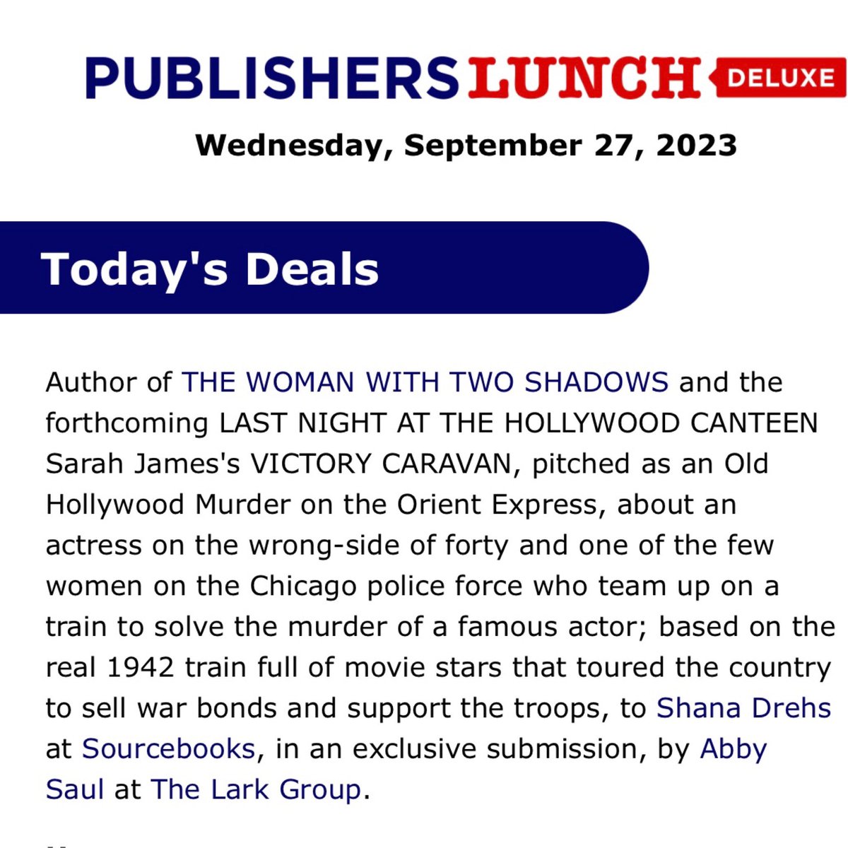 Congrats to <a href="/cryingbaseball/">sarah james</a>! She’s going to have another incredible book out from <a href="/sbkslandmark/">Bookmarked for Book Clubs</a>!! This one made me laugh out loud while worrying about murder on a train… I can’t wait for you to read it