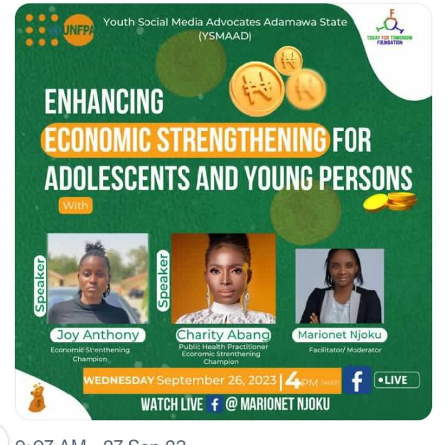 Join this Facebook Live by 4pm today for insights on leveraging economic opportunities for Adolescents and Young People in Nigeriaa. @UNFPANigeria @KorieUNFPA @FoundationTft #YSMAAD #YPP #Youth2030