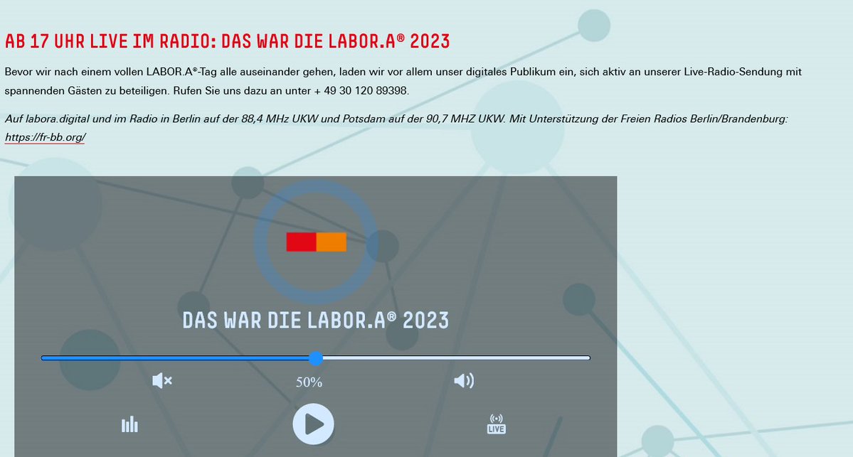 Arbeit_Zukunft's tweet photo. Wie war die #labora23 für euch? Darum geht's bei LABOR.A Live im #Radio. Als digitales #GetTogether könnt ihr unter +49 30 120 89398 ☎️anrufen und von 5-6⏰ an der Sendung teilnehmen & Eindrücke teilen. 🎧Zu Hören auf https://t.co/ISTj6m3265 & 88,4 MHz Berlin/ 90,7 MHz Potsdam https://t.co/4JWM9oSL2A