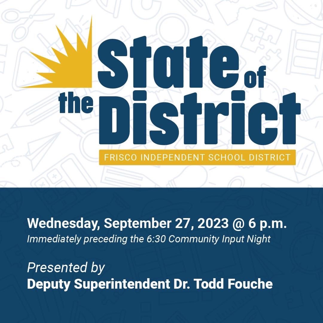 Don't miss the opportunity to connect with Dr. Todd Fouche as he highlights the latest developments within @FriscoISD. 

Following the presentation, stick around for Community Input Night, and share your thoughts. 

Details: friscoisd.org/calendar/event…