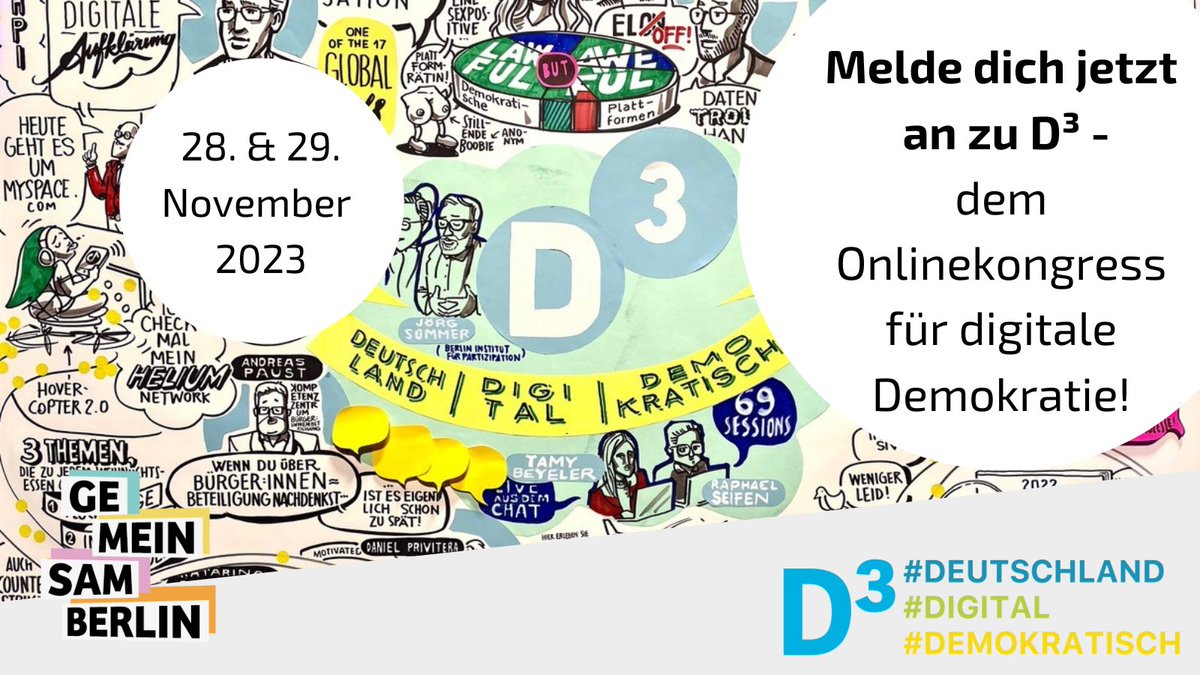 Melde dich jetzt an zum D³-Kongress zur digitalen #Demokratie! d3kongress.de/go/ Am 28. und 29. November kannst du wieder online und kostenlos über digitale #Teilhabe lernen und diskutieren. #Digitalisierung #D3 #Deutschland #digital #demokratisch