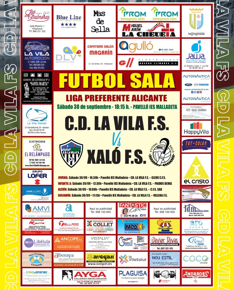 ⚽ JORNADA 03 ⚽

‼️ Este sábado los nuestros vuelven a la Malladeta para recibir al Xaló Fs. 😉

🆚 Xaló F.S.
📆 Sábado 30
⌚ 18:15 H
🏟️ IES La Malladeta
🏆 Jornada 03

🦁 E igual que en la semana pasada, os esperamos a todos para llenar el pabellón y veros rugir😍